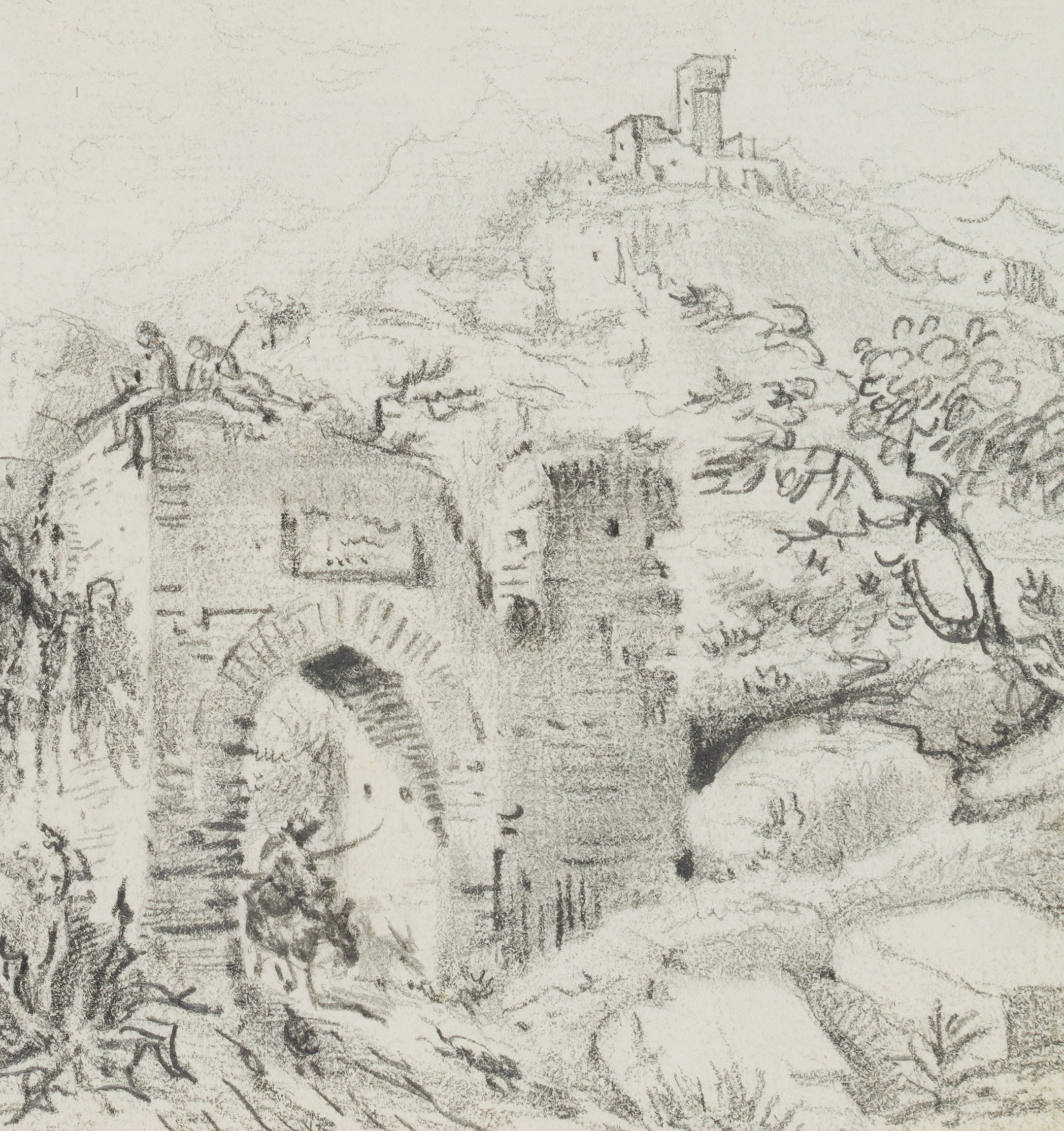 Bergige Landschaft mit Ruine
