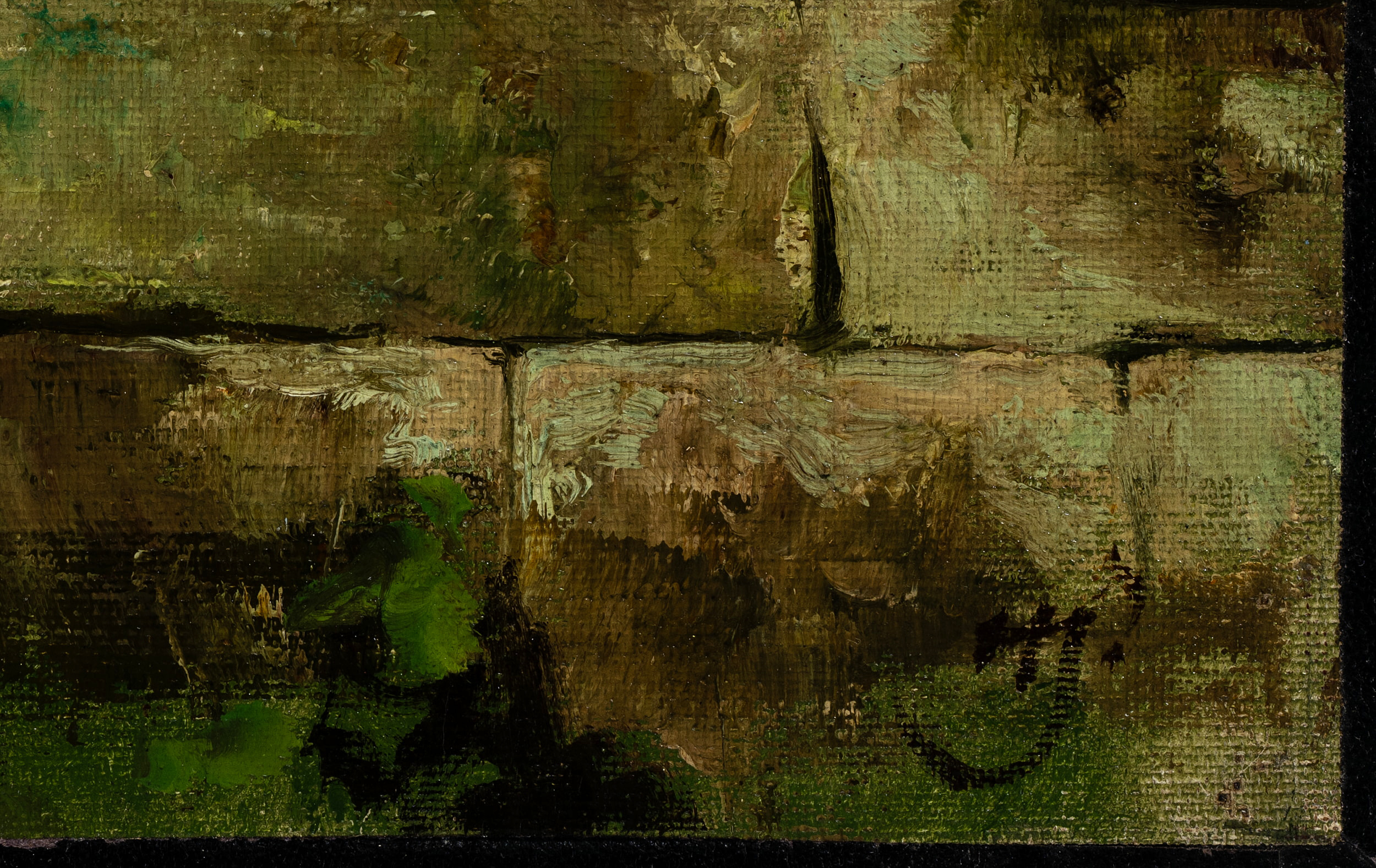 Naturstück. Steinmauer von Gräsern bewachsen