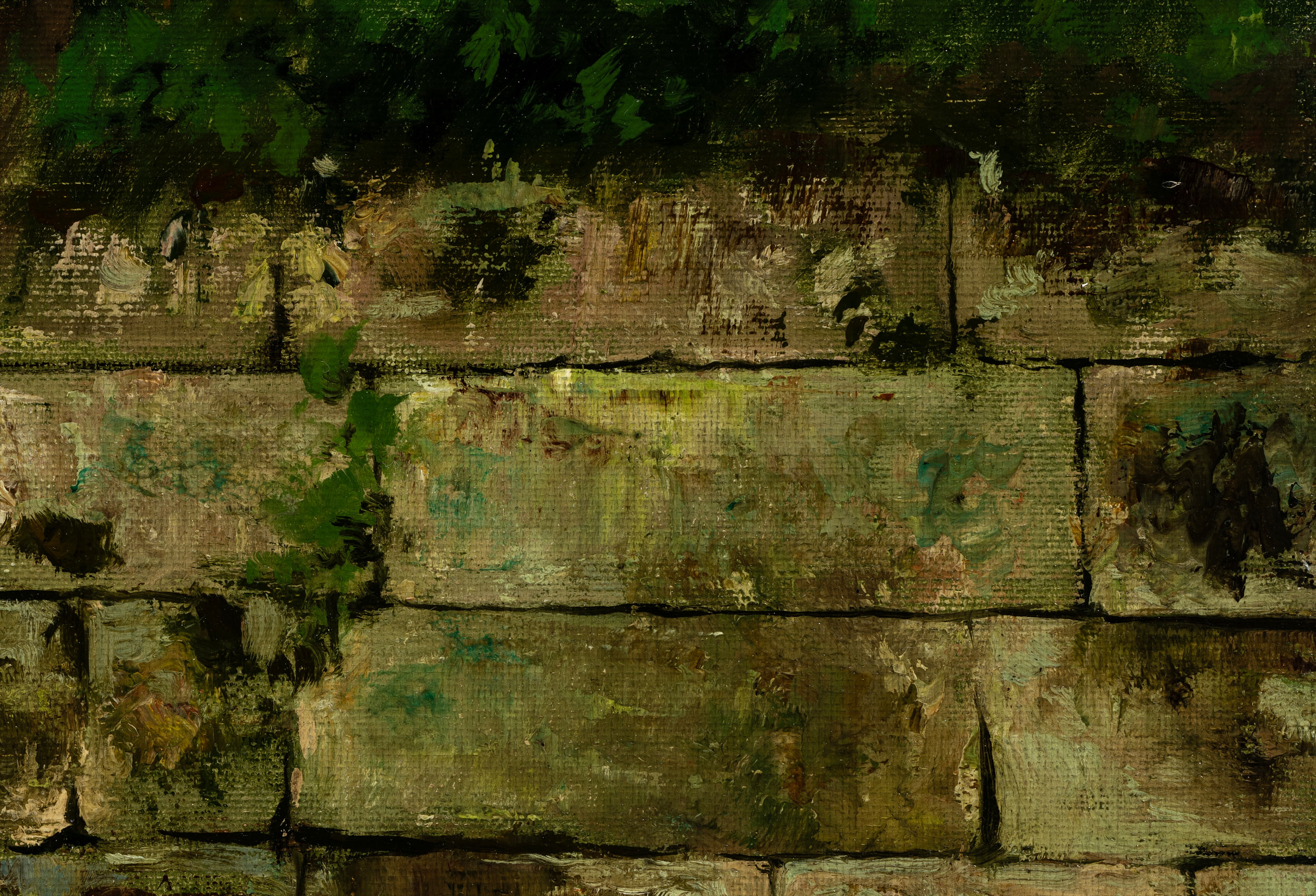 Naturstück. Steinmauer von Gräsern bewachsen