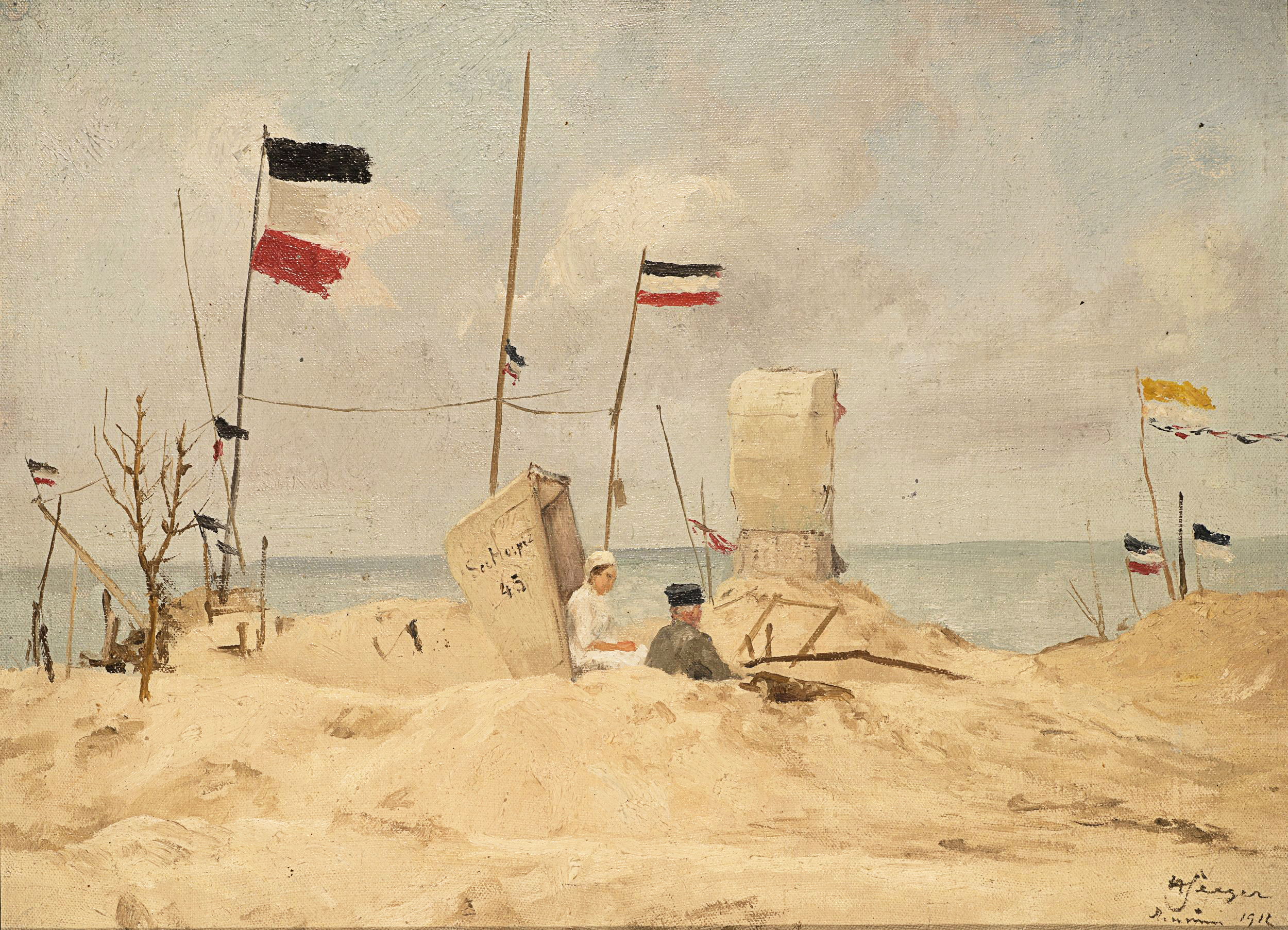 Strandszene mit Kaiserfahnen an der Nordsee