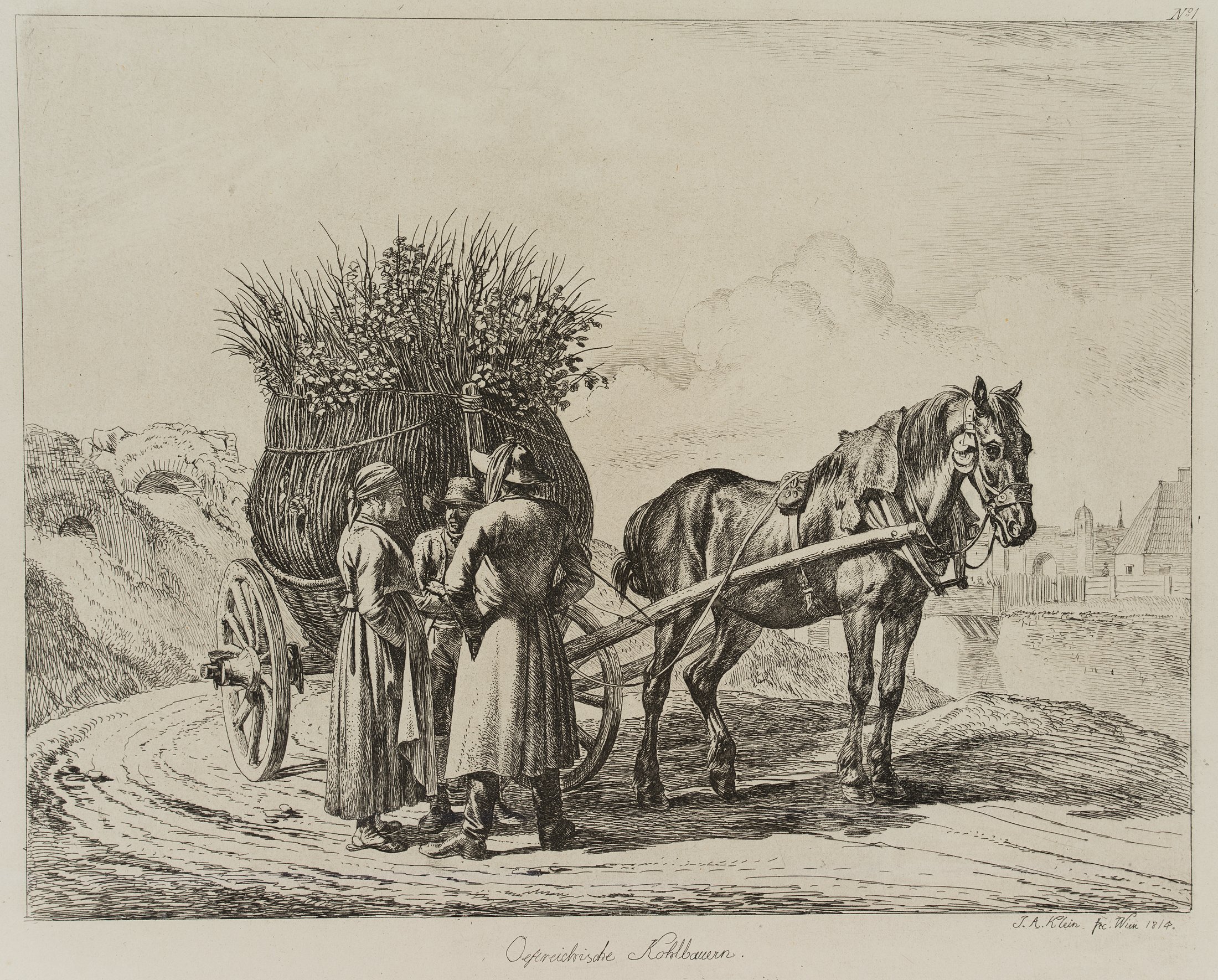 Ã–sterreichische Kohlbauern mit Pferdewagen