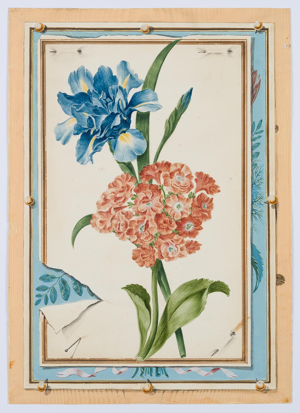 Quodlibet mit Blumenaquarell mit gefüllter Schwertlile und Primel