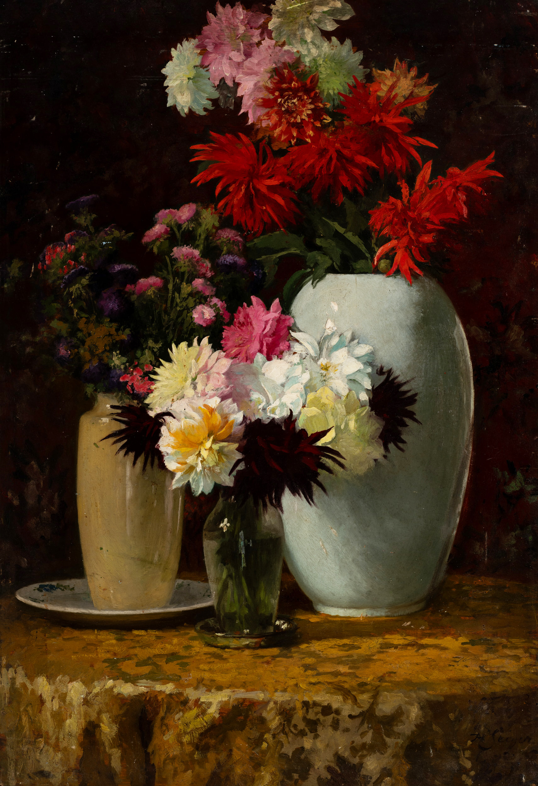 Blumenstillleben mit prächtigen Sträußen in Vasen