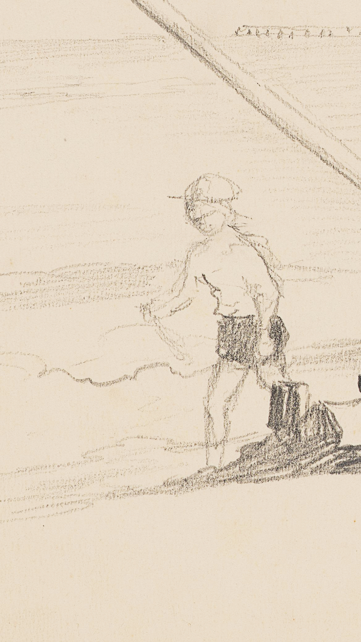 Vorzeichnung: Kinder am Strand, aufs Meer blickend