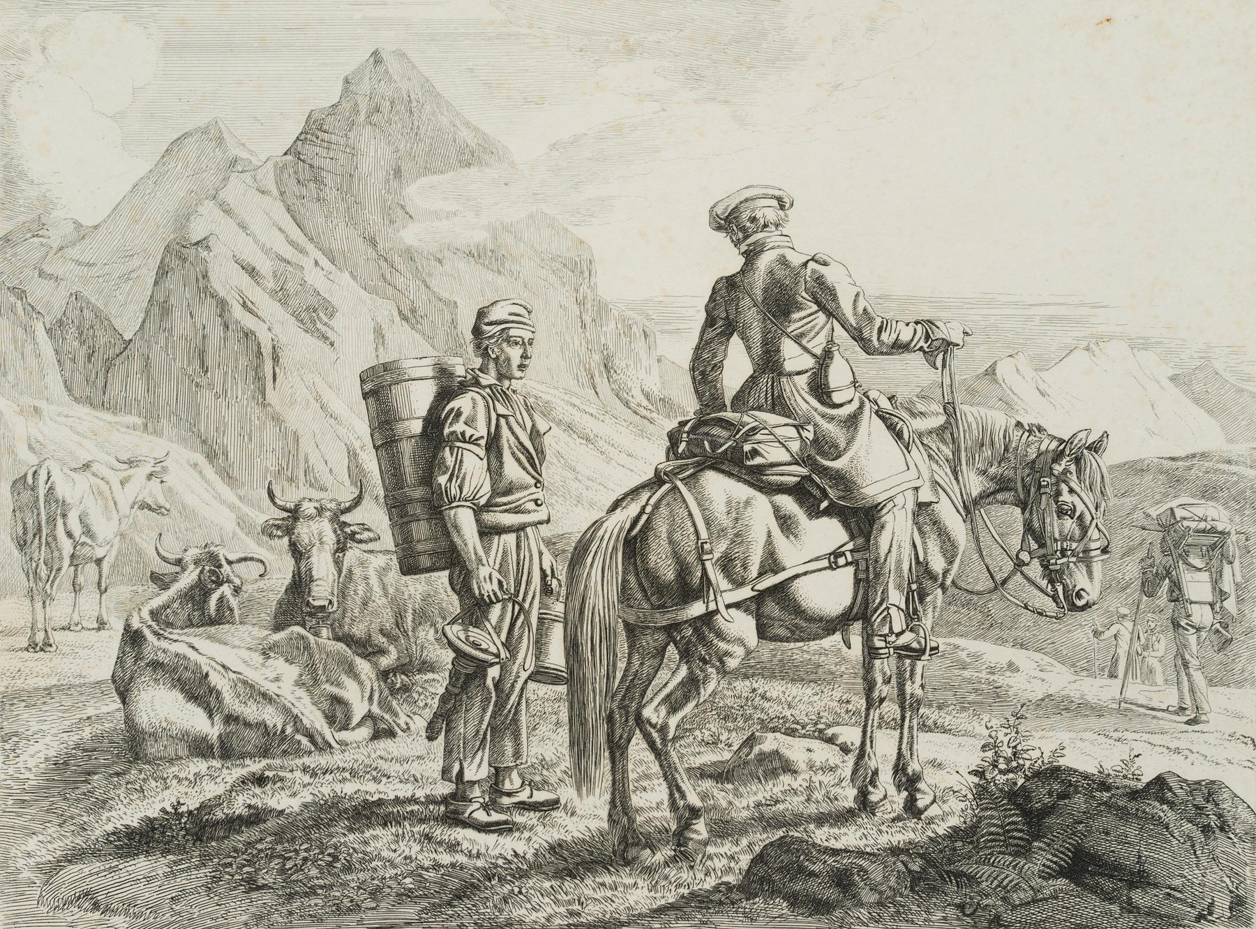 "Auf der Scheideck", Reiter und Senner im Gebirge