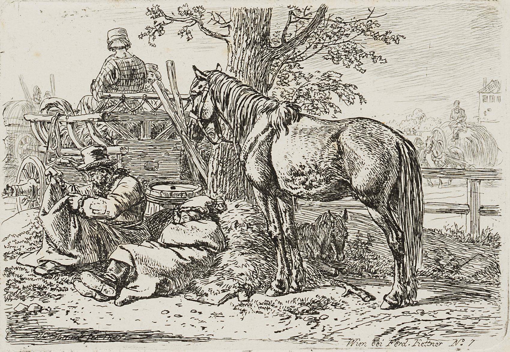 Stehendes Pferd neben zwei Fahrleuten