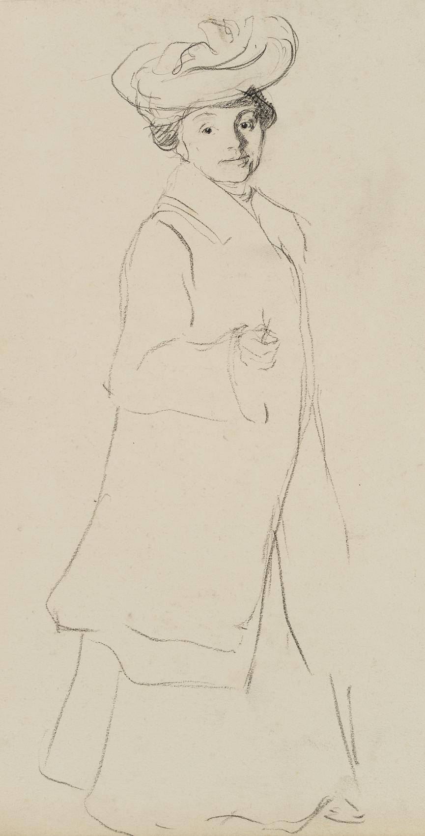 Stehende Frau mit Hut und Mantel