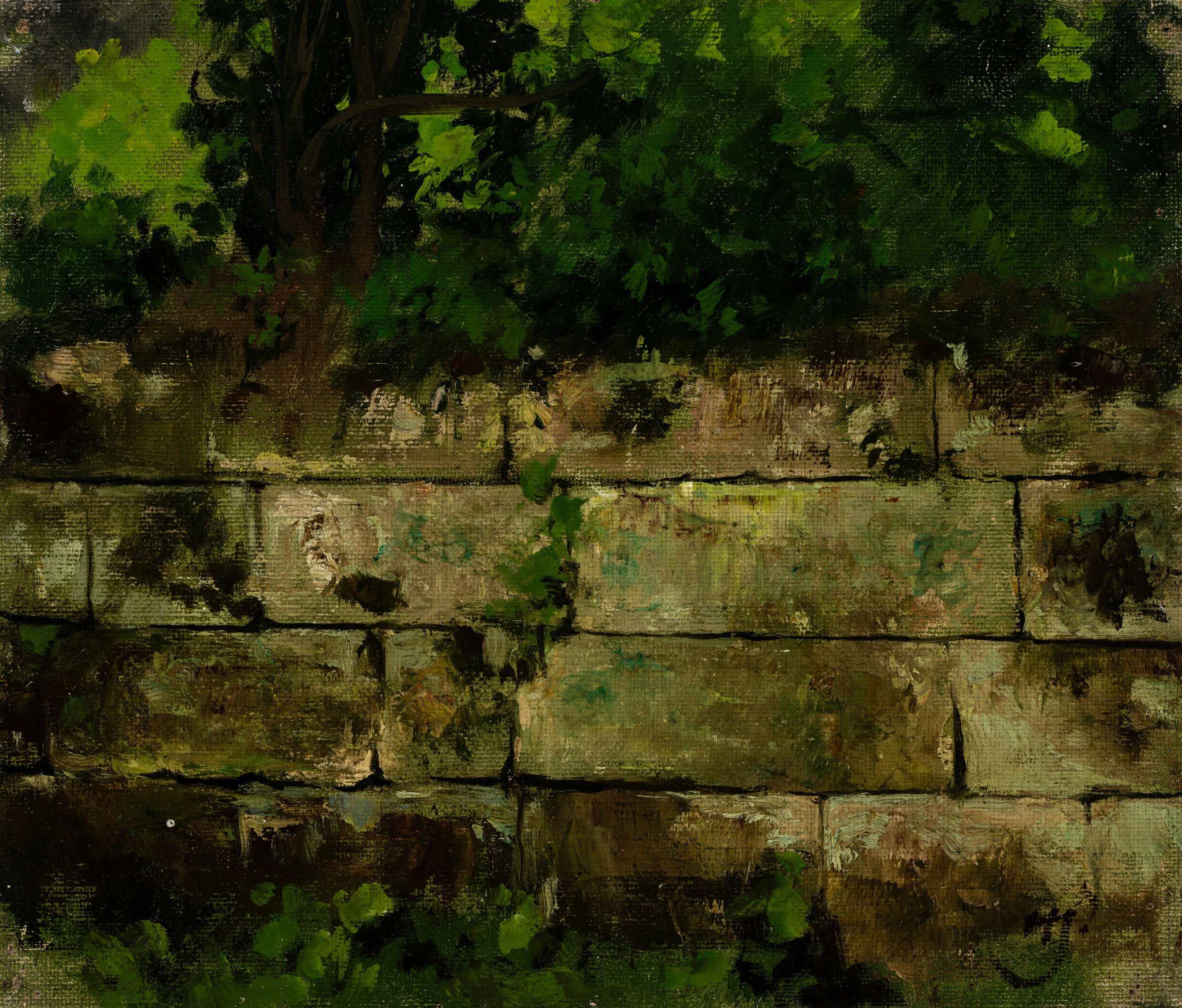 Naturstück. Steinmauer von Gräsern bewachsen