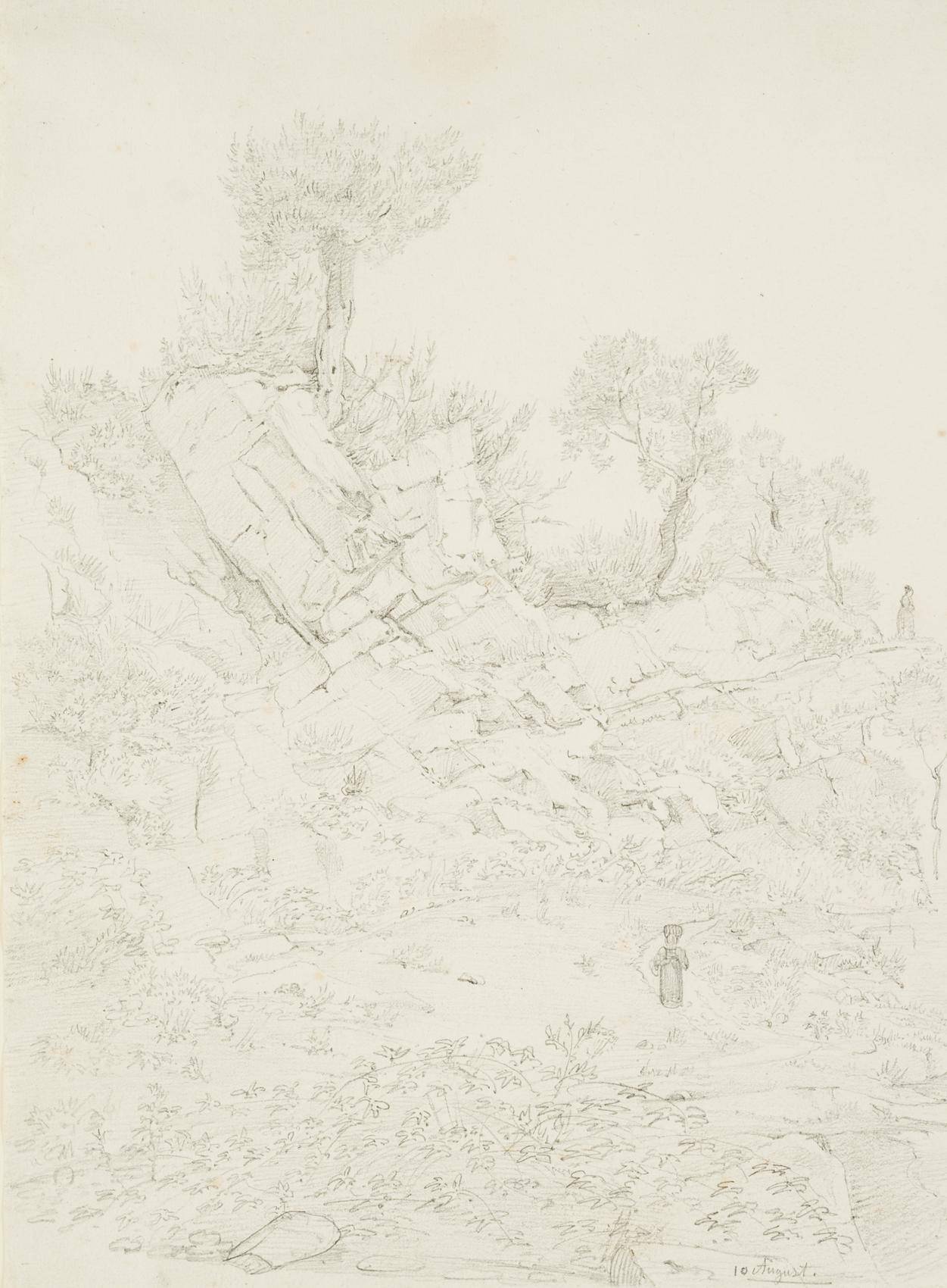 Italienische Landschaft mit zwei Frauen zwischen Felsen und Bäumen
