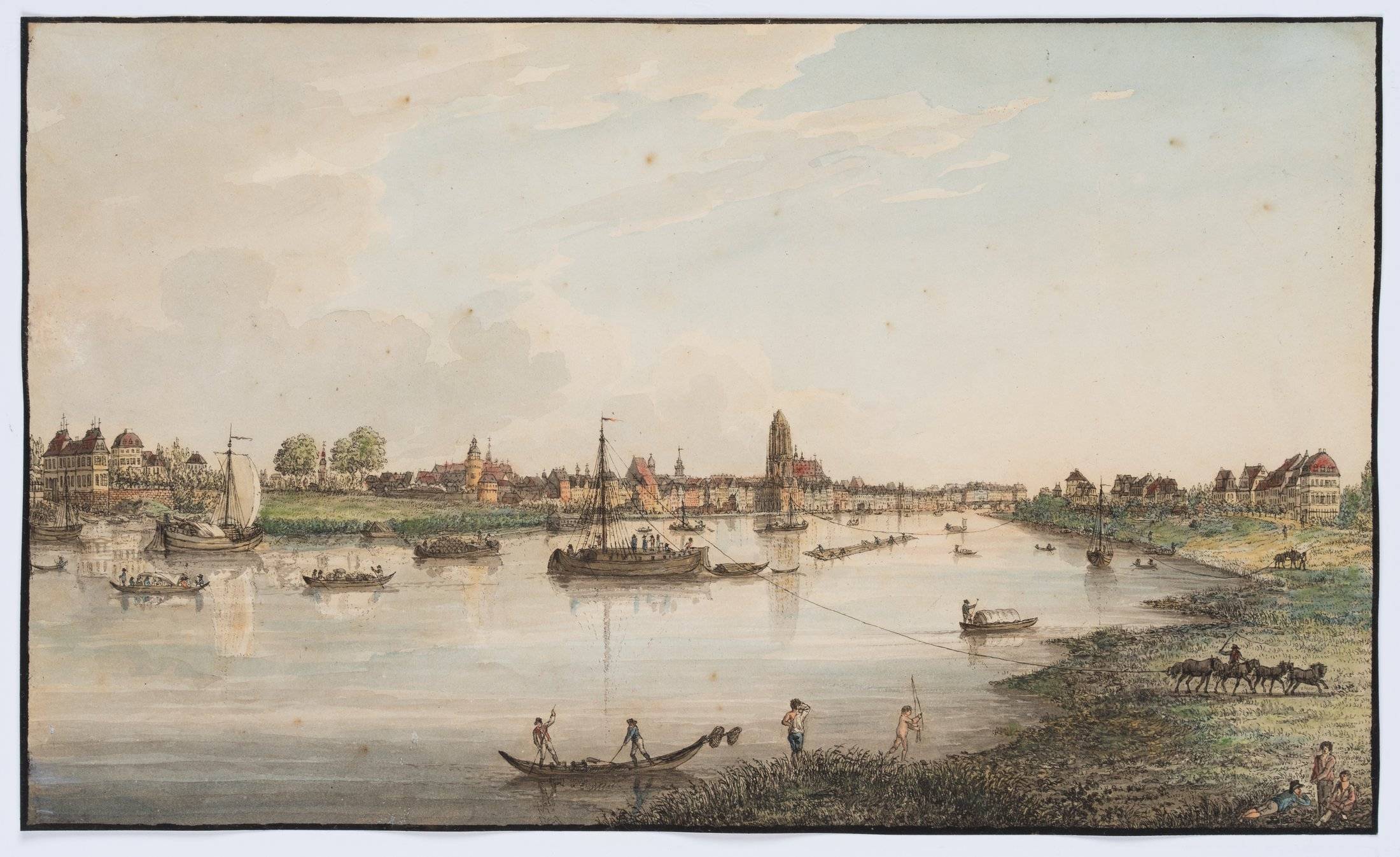 Ansicht von Frankfurt am Main mit Treidelschiffern