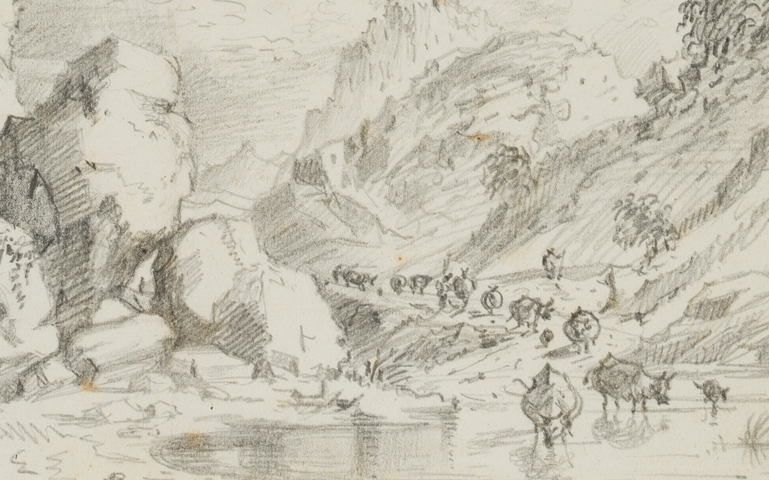 Felsige Landschaft mit Viehherde