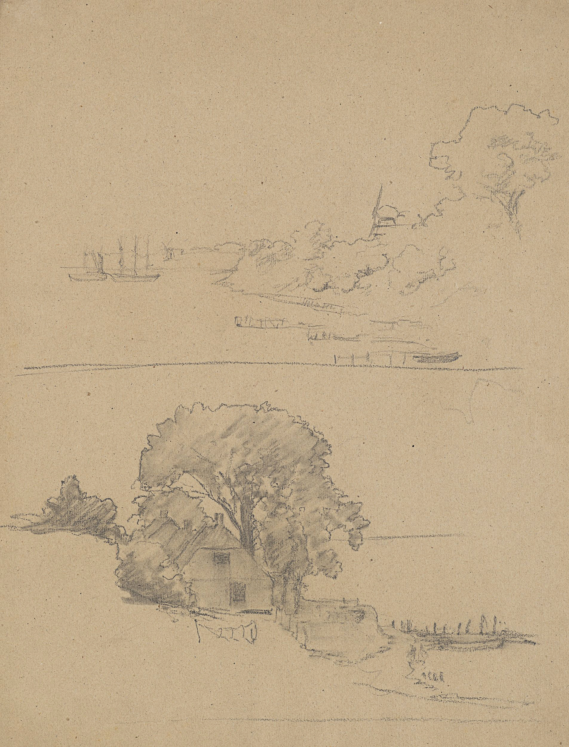 Zweiteilige Landschaftsstudie mit Hafen und Haus