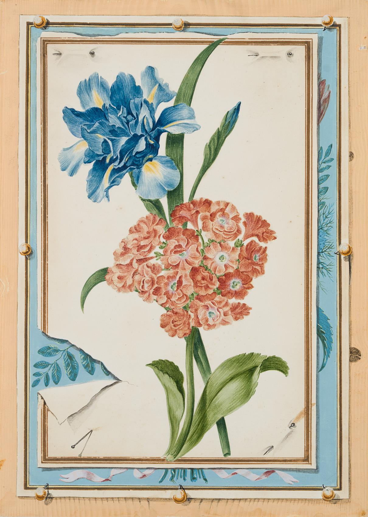 Quodlibet mit Blumenaquarell mit gefüllter Schwertlile und Primel
