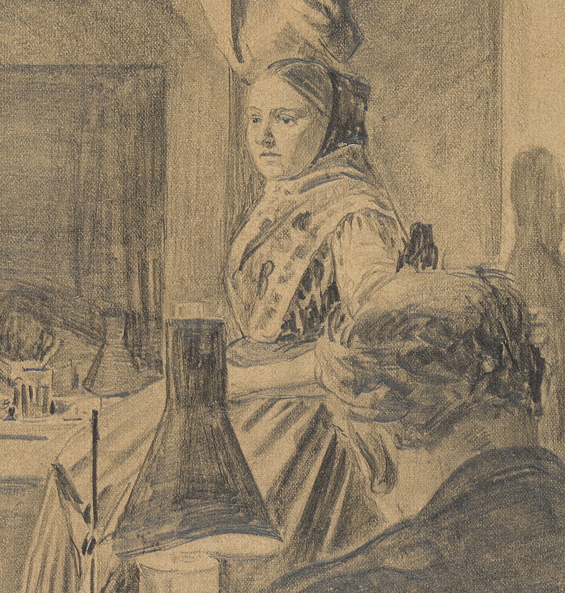 Zeichenklasse mit Dame in Tracht