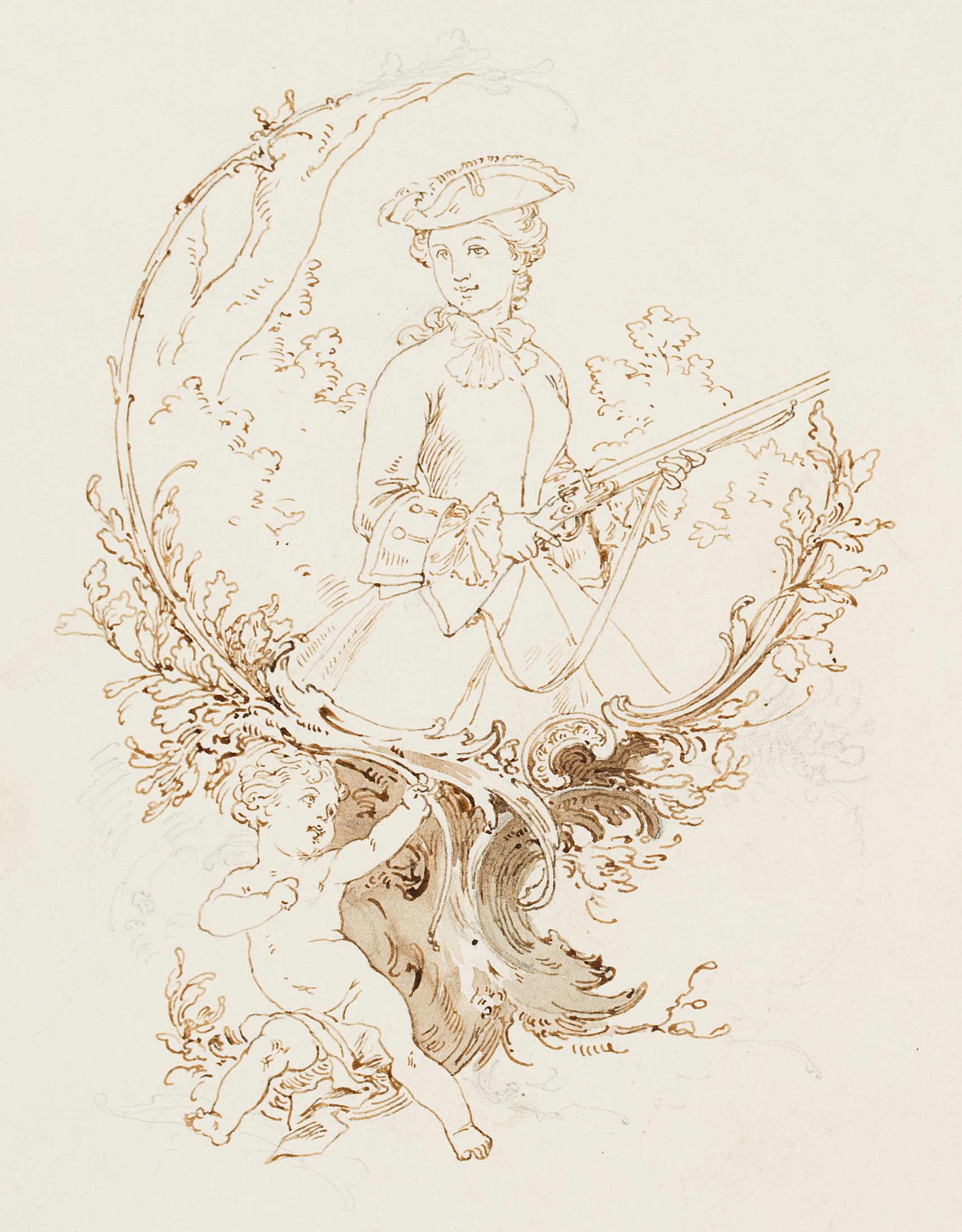 Dekorstudien für Schloss Schleißheim, Medaillons mit Mädchen bei der Jagd und als Gärtnerin