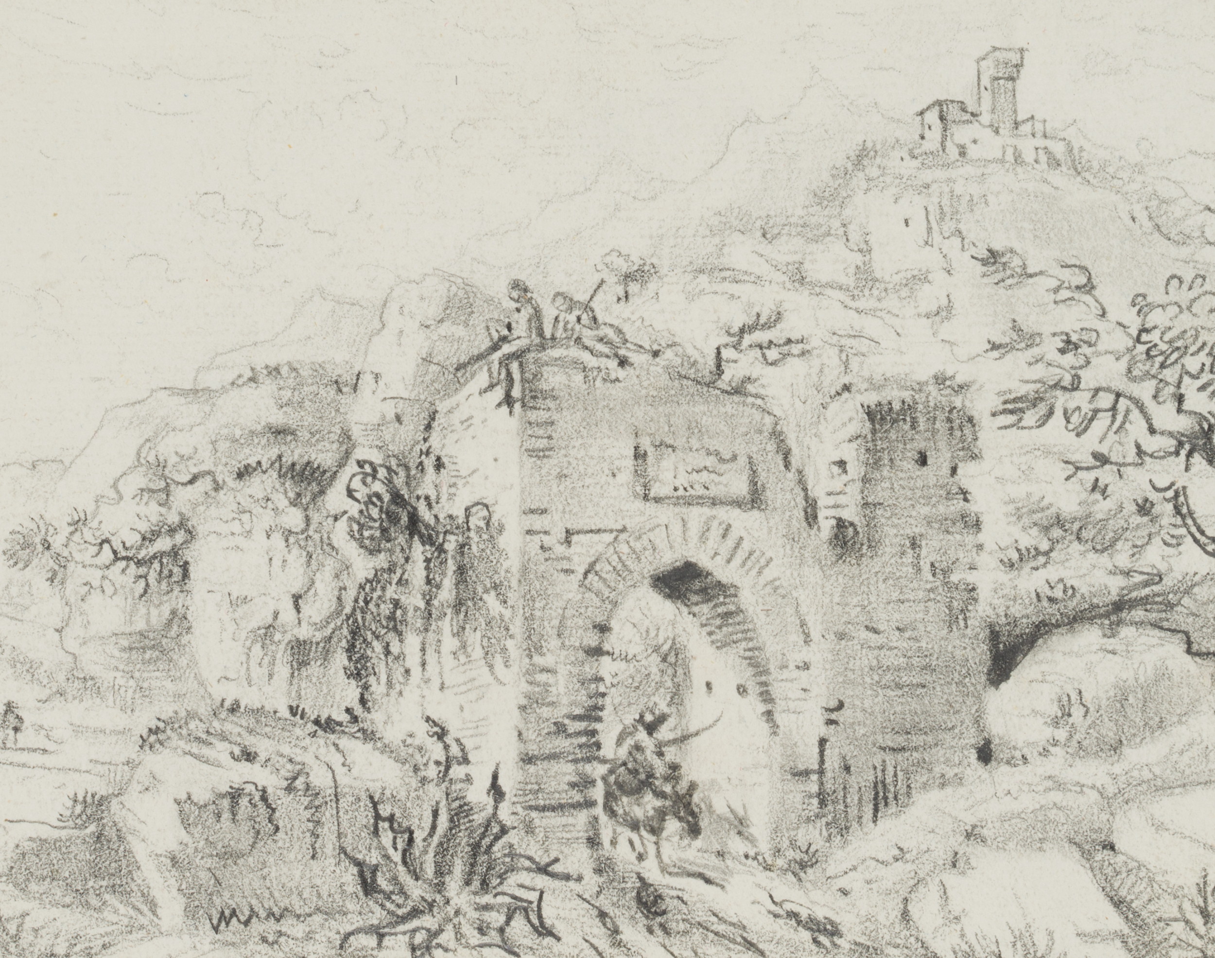Bergige Landschaft mit Ruine