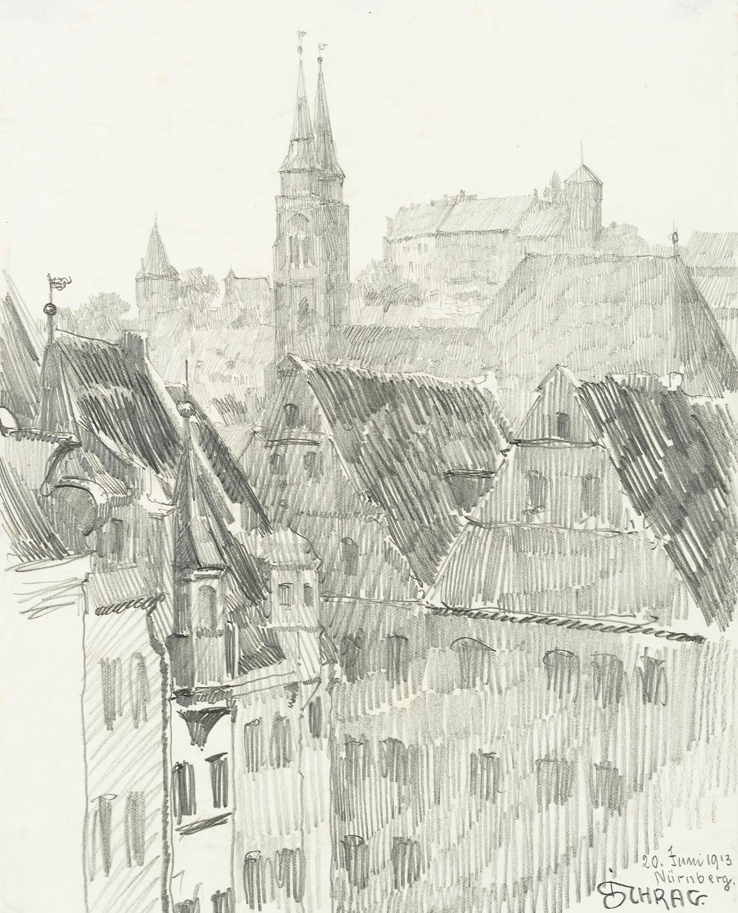 Dachlandschaft in Nürnberg mit Sebalduskirche und Burg
