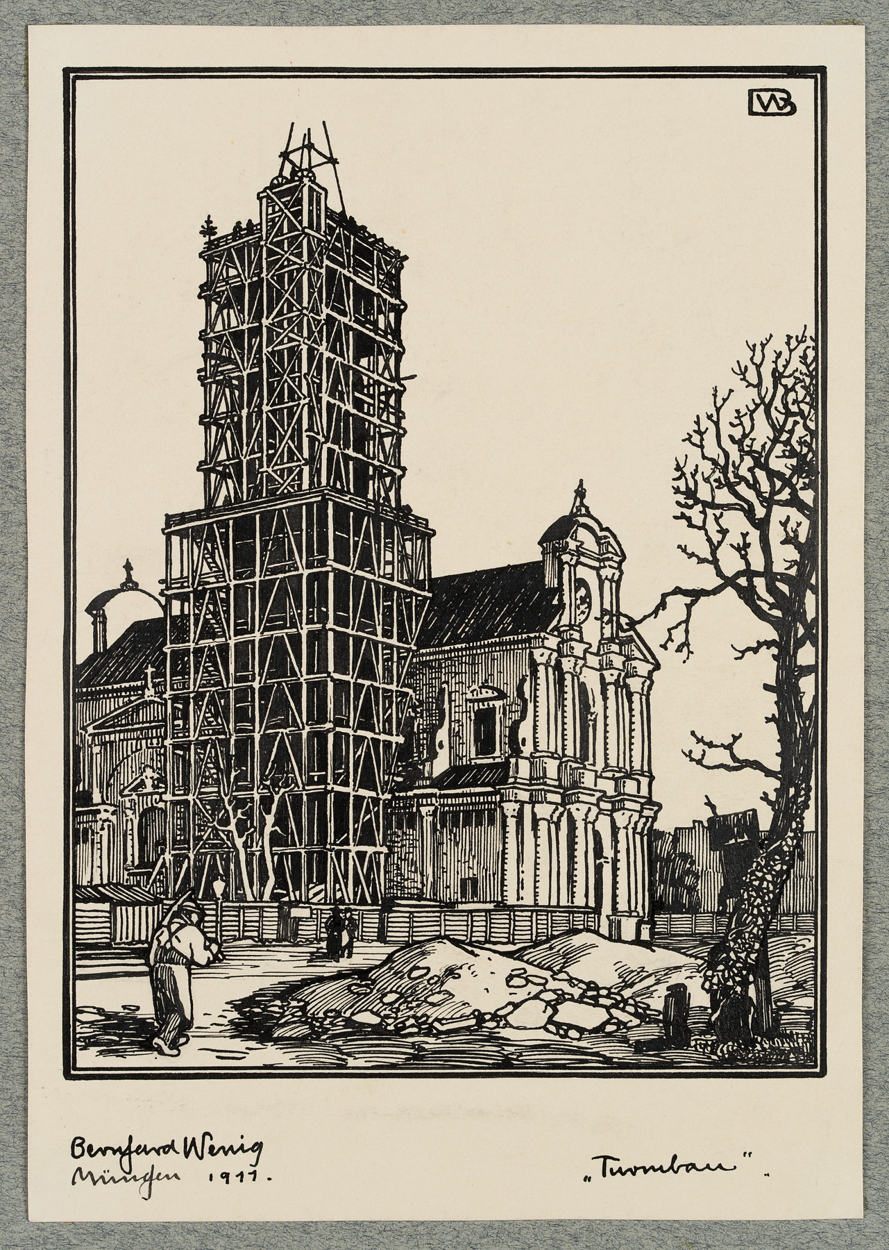 "Turmbau", Baustelle der Neuen Pfarrkirche St. Margaret in München-Sendlingen