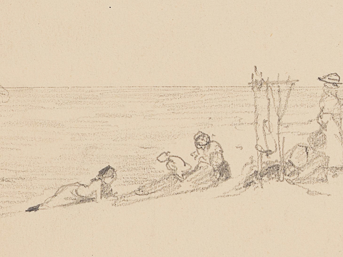 Strandszene mit Booten und Figuren