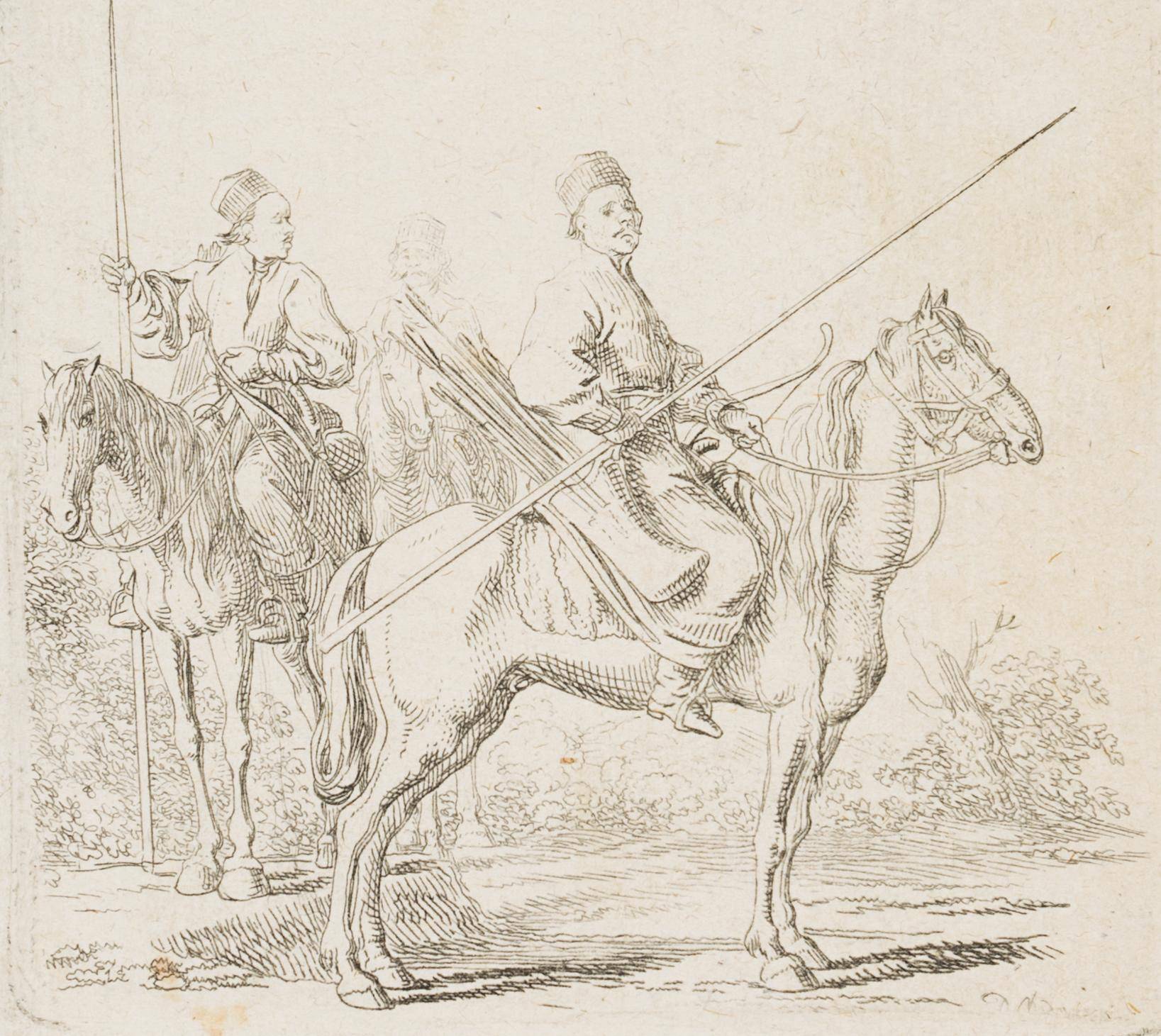 Drei Baschkiren zu Pferd in einer Landschaft