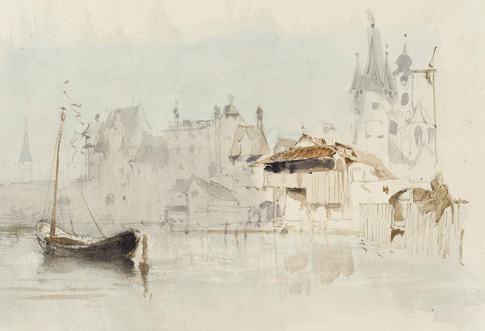 Stadt am Fluss in morgendlichem Dunst