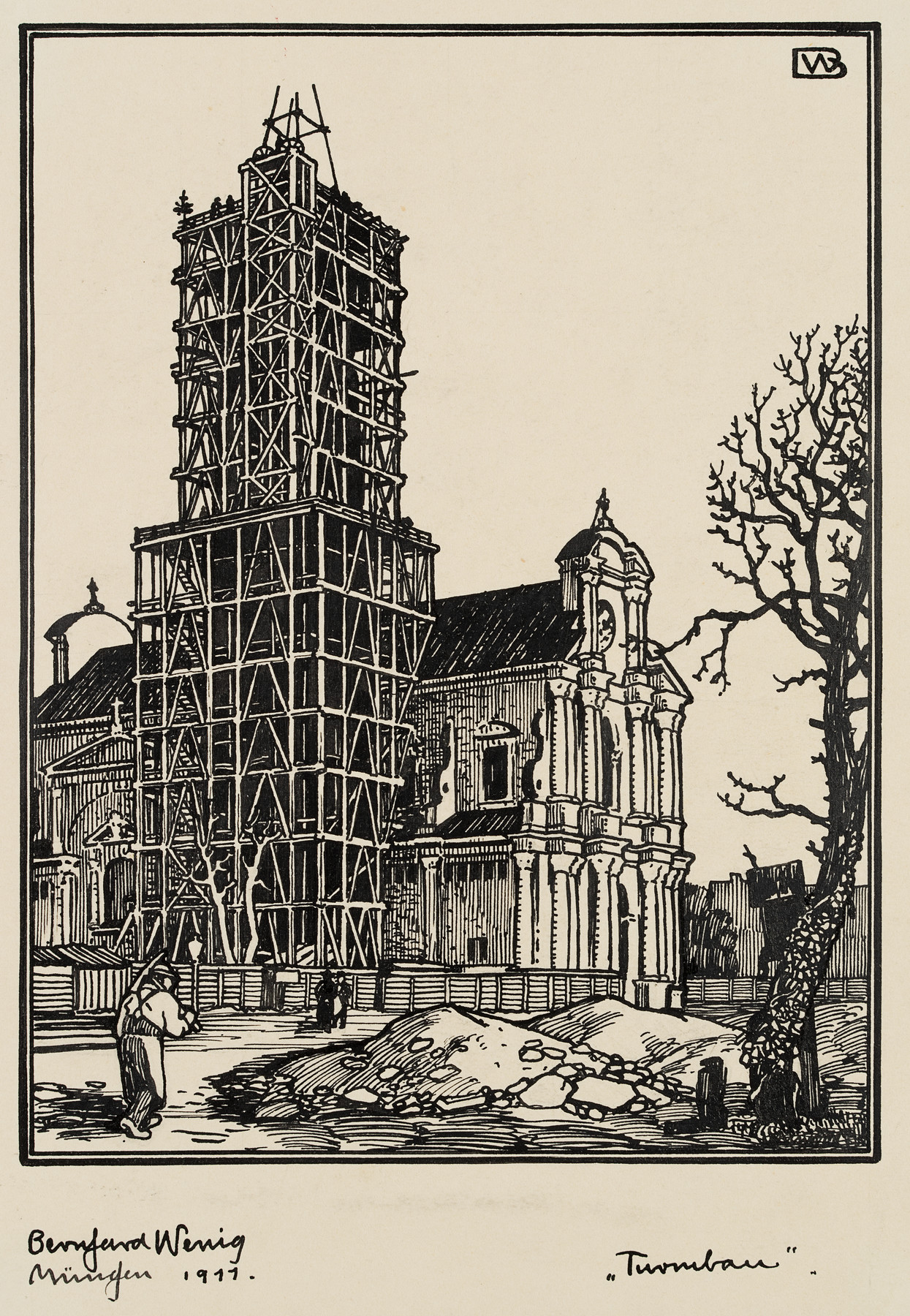 "Turmbau", Baustelle der Neuen Pfarrkirche St. Margaret in München-Sendlingen