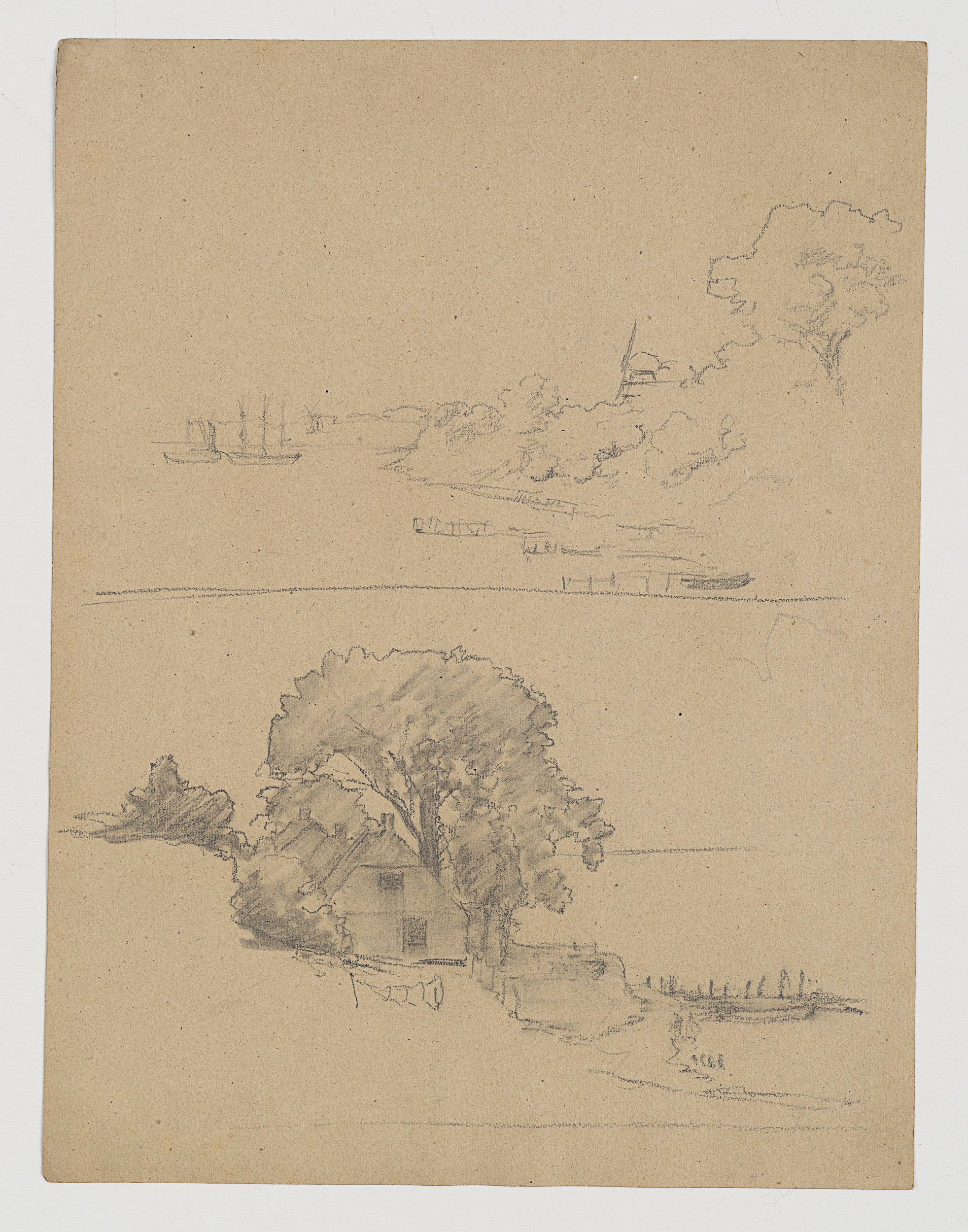 Zweiteilige Landschaftsstudie mit Hafen und Haus