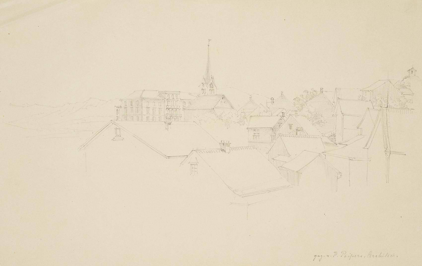 Dächer und Kirchturm eines Ortes