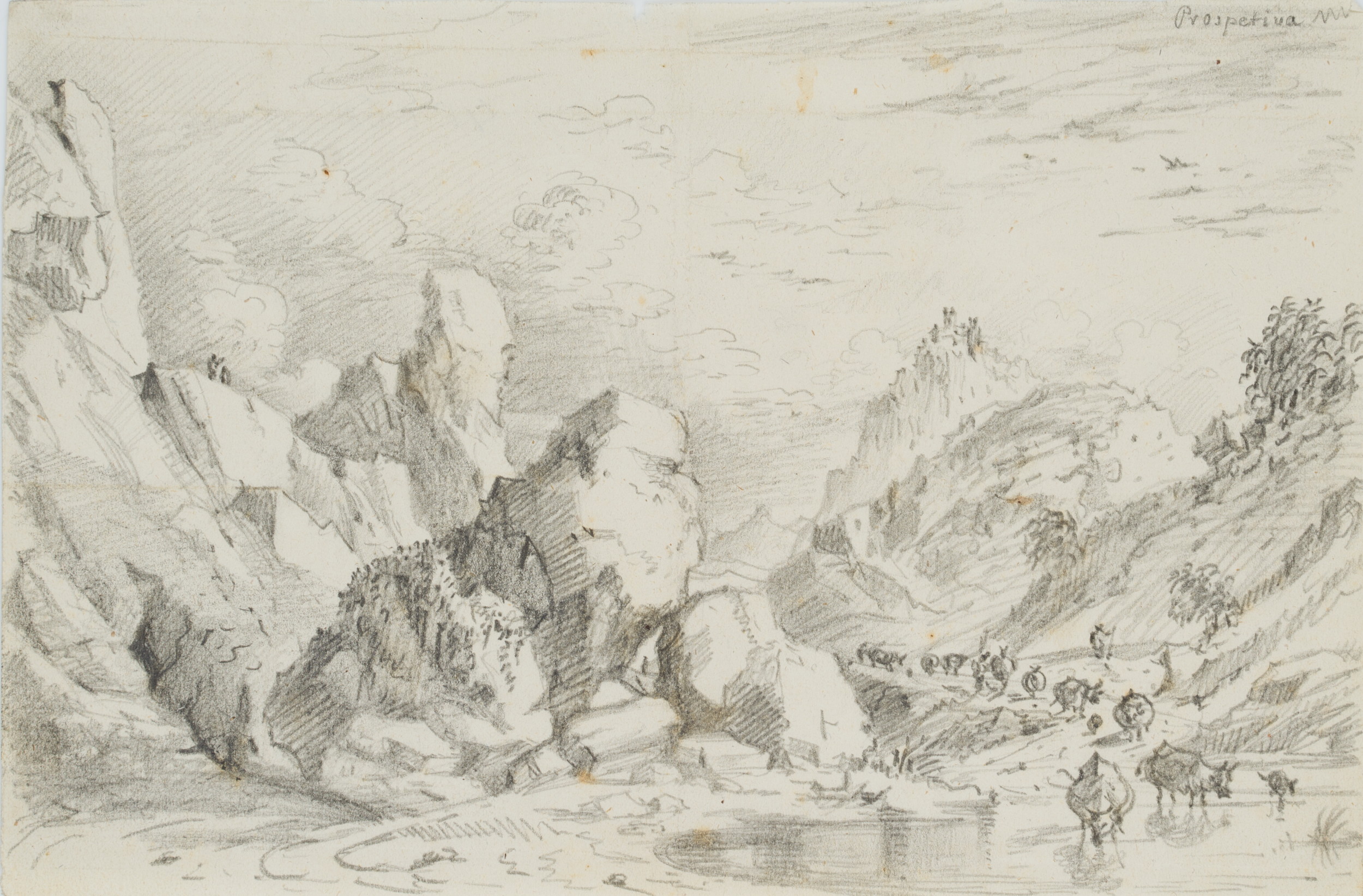 Felsige Landschaft mit Viehherde