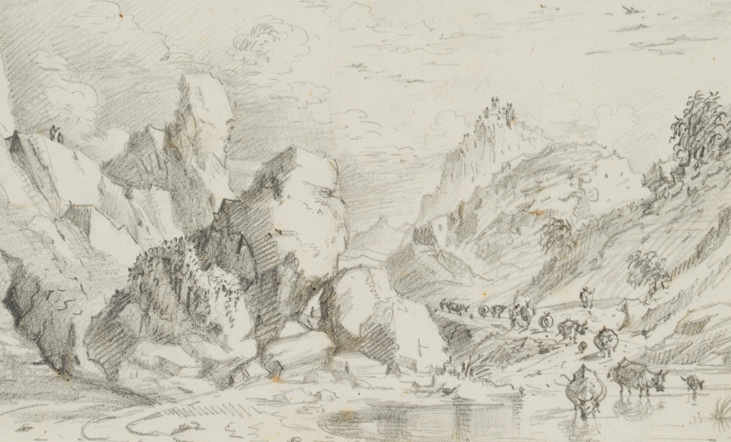 Felsige Landschaft mit Viehherde