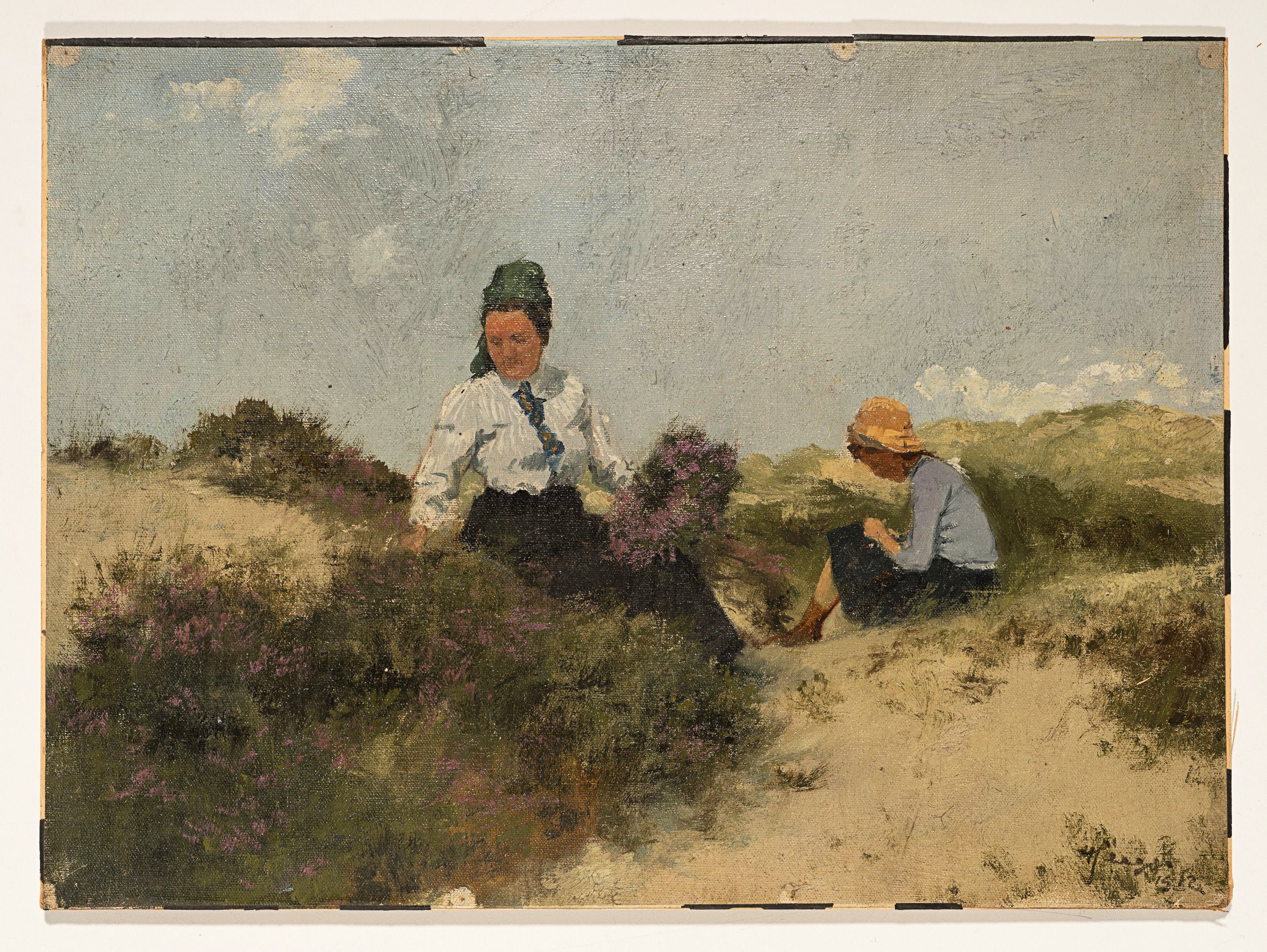 Frauen beim Heidekrautsammeln in den Dünen