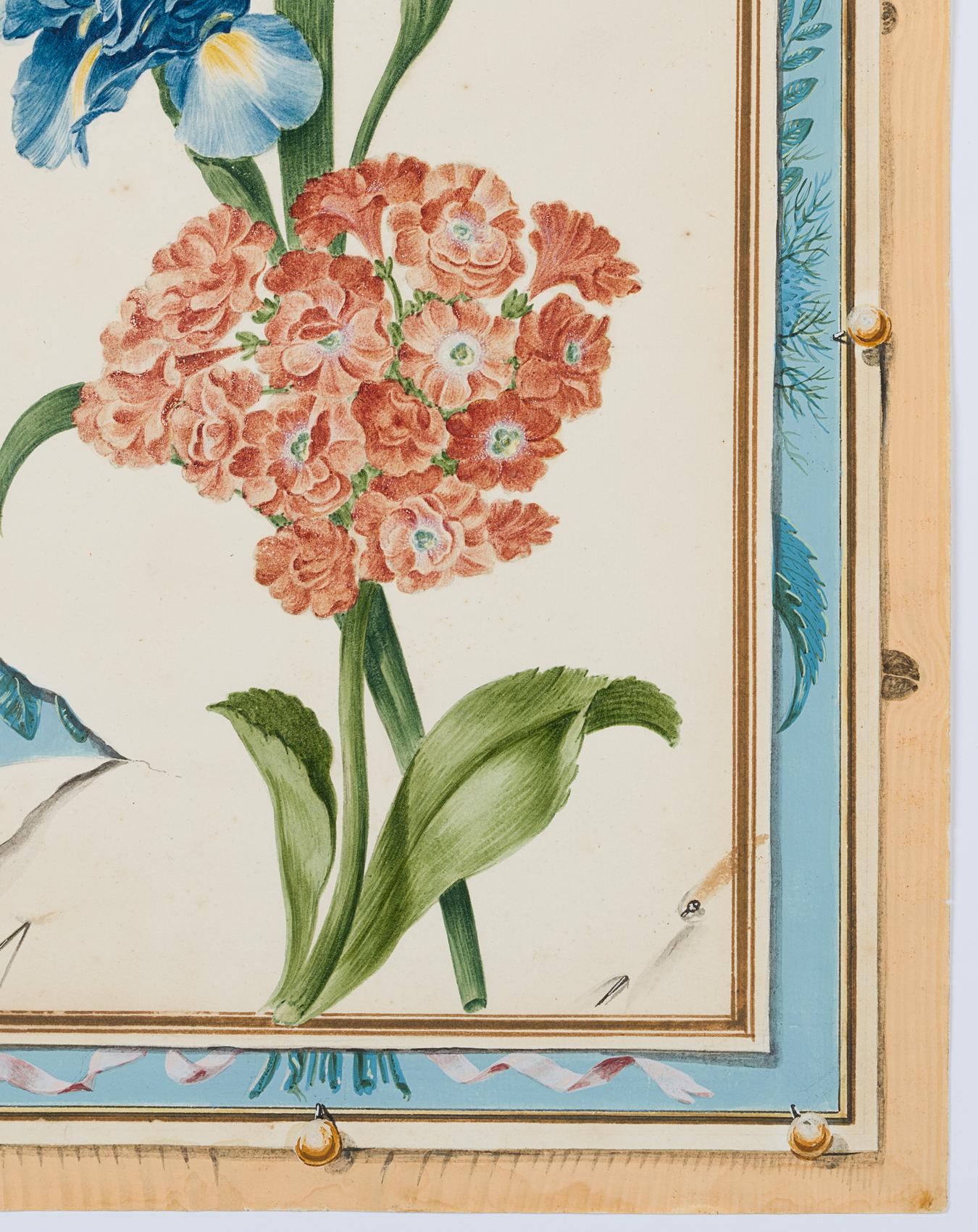 Quodlibet mit Blumenaquarell mit gefüllter Schwertlile und Primel