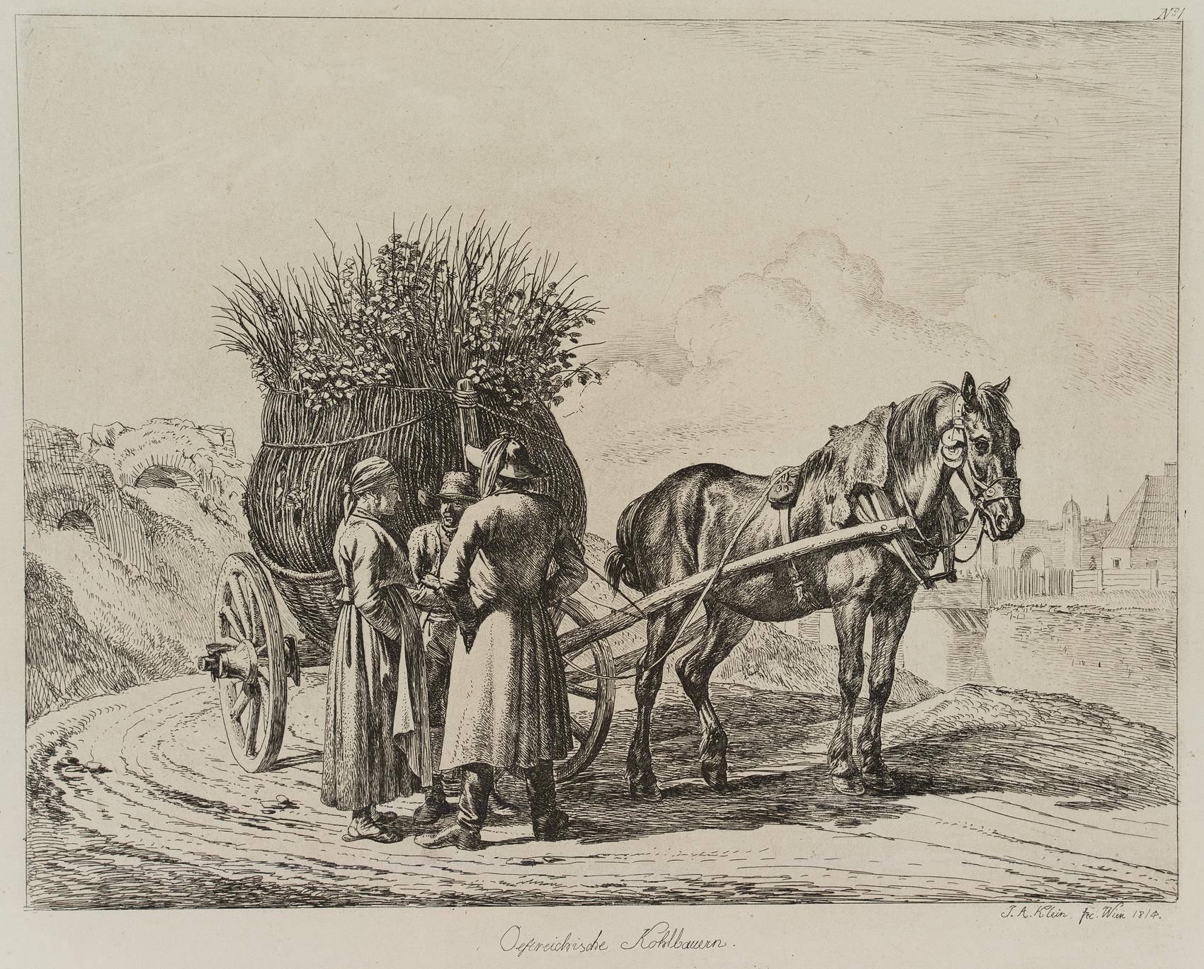 Österreichische Kohlbauern mit Pferdewagen