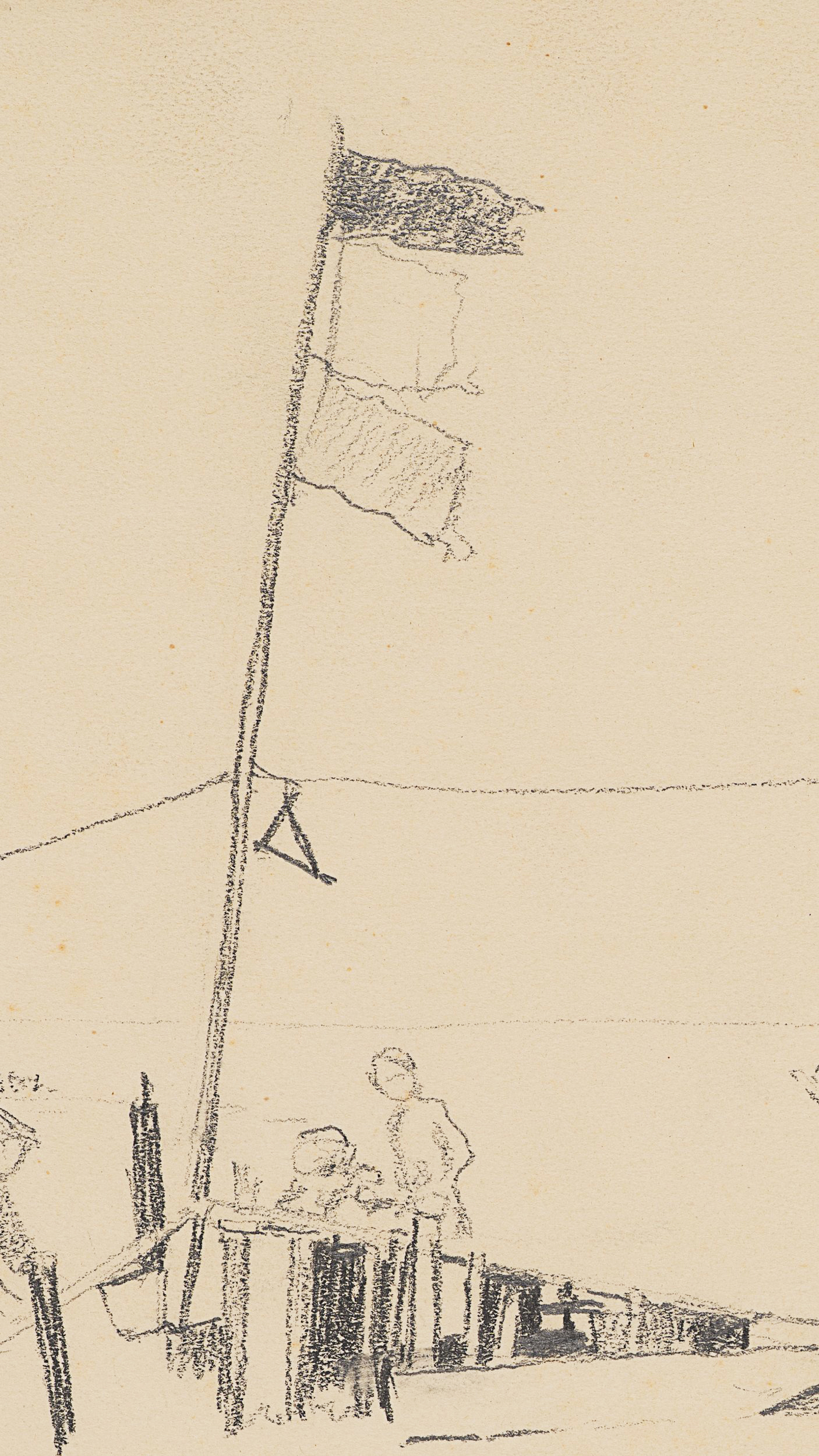 Vorzeichnung: Strand mit Badegästen und Flaggen