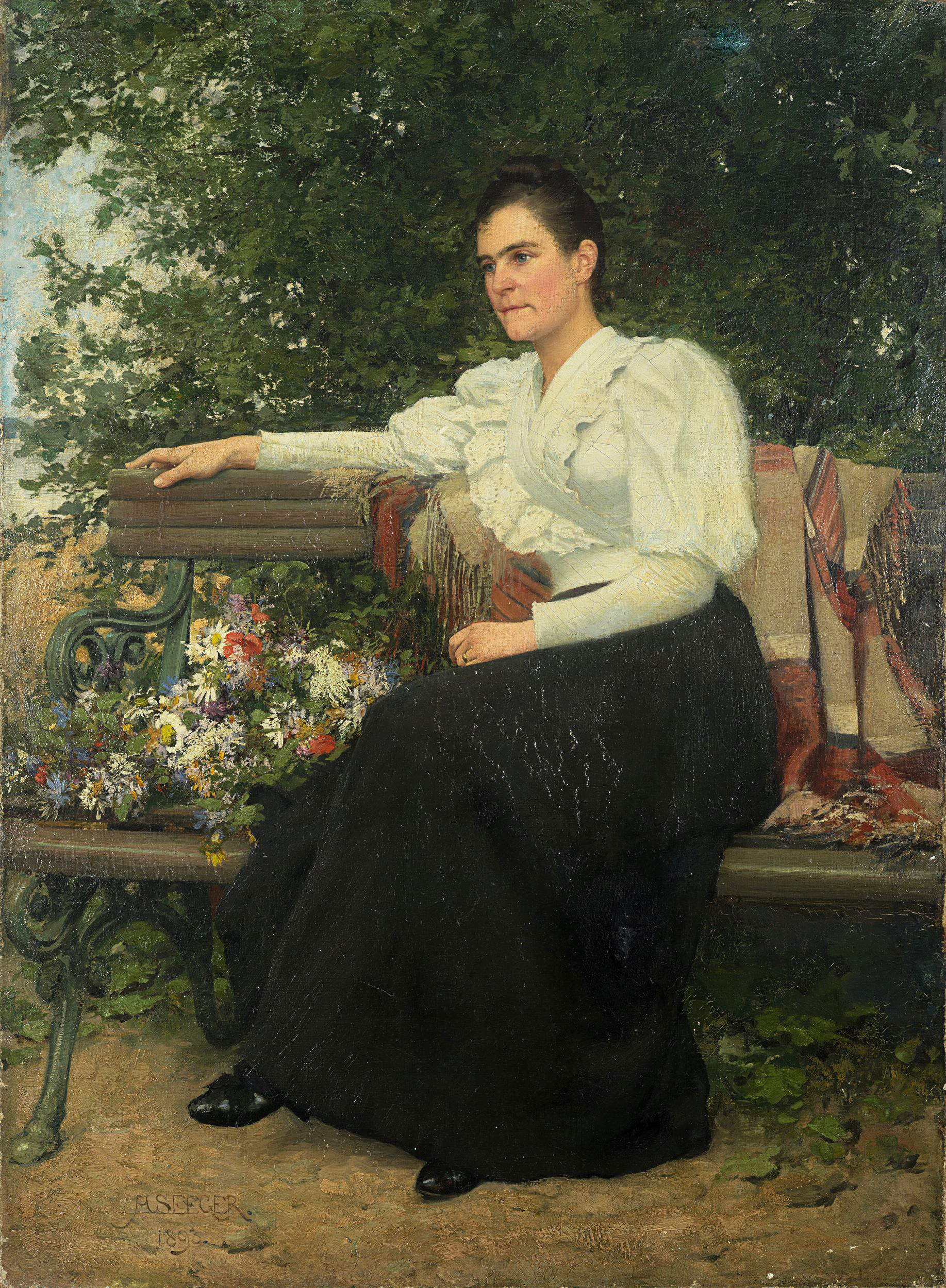 Dame auf Gartenbank