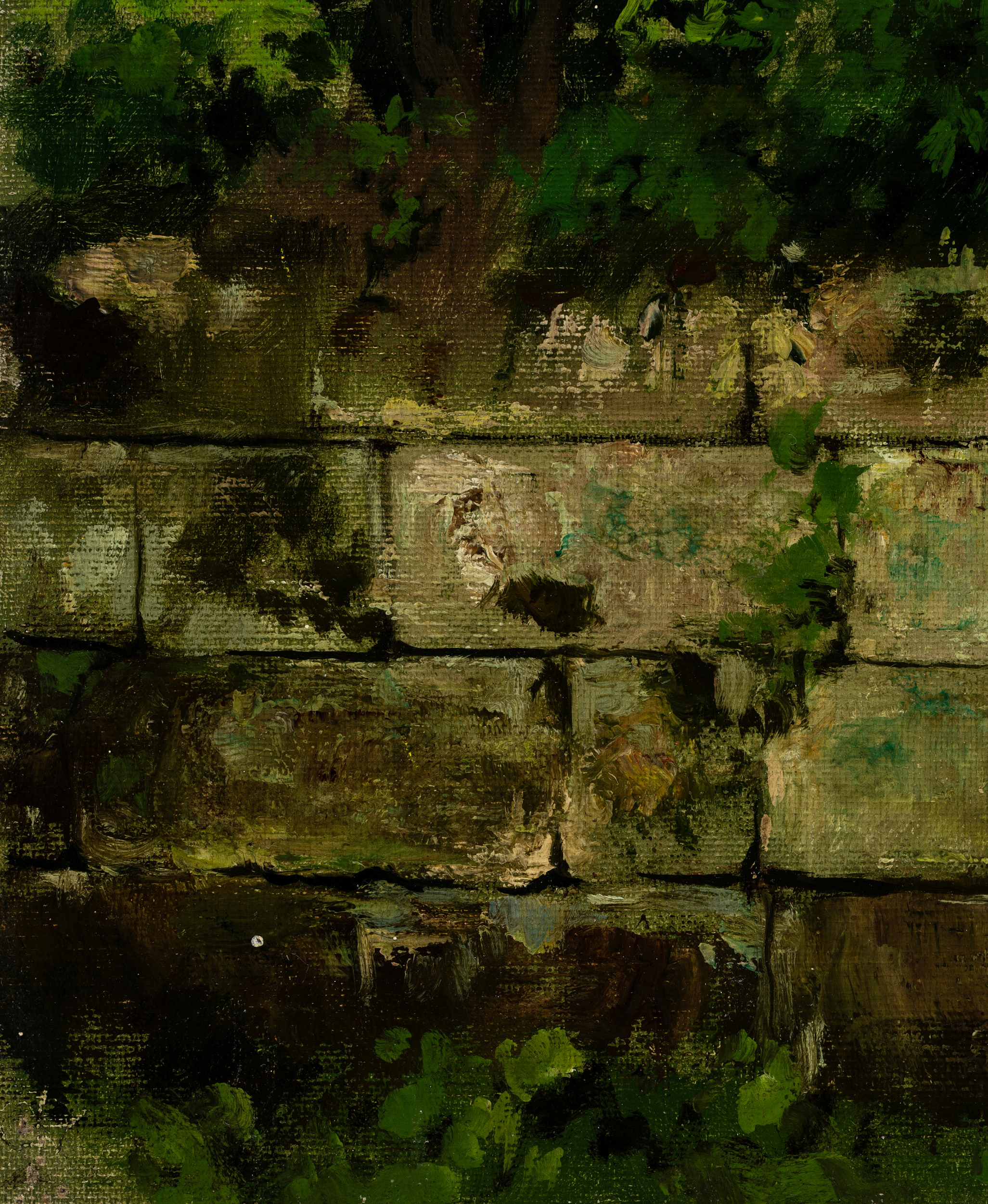 Naturstück. Steinmauer von Gräsern bewachsen