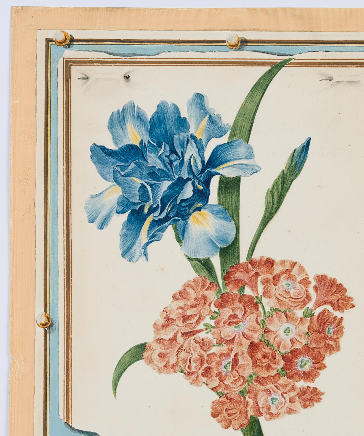 Quodlibet mit Blumenaquarell mit gefüllter Schwertlile und Primel