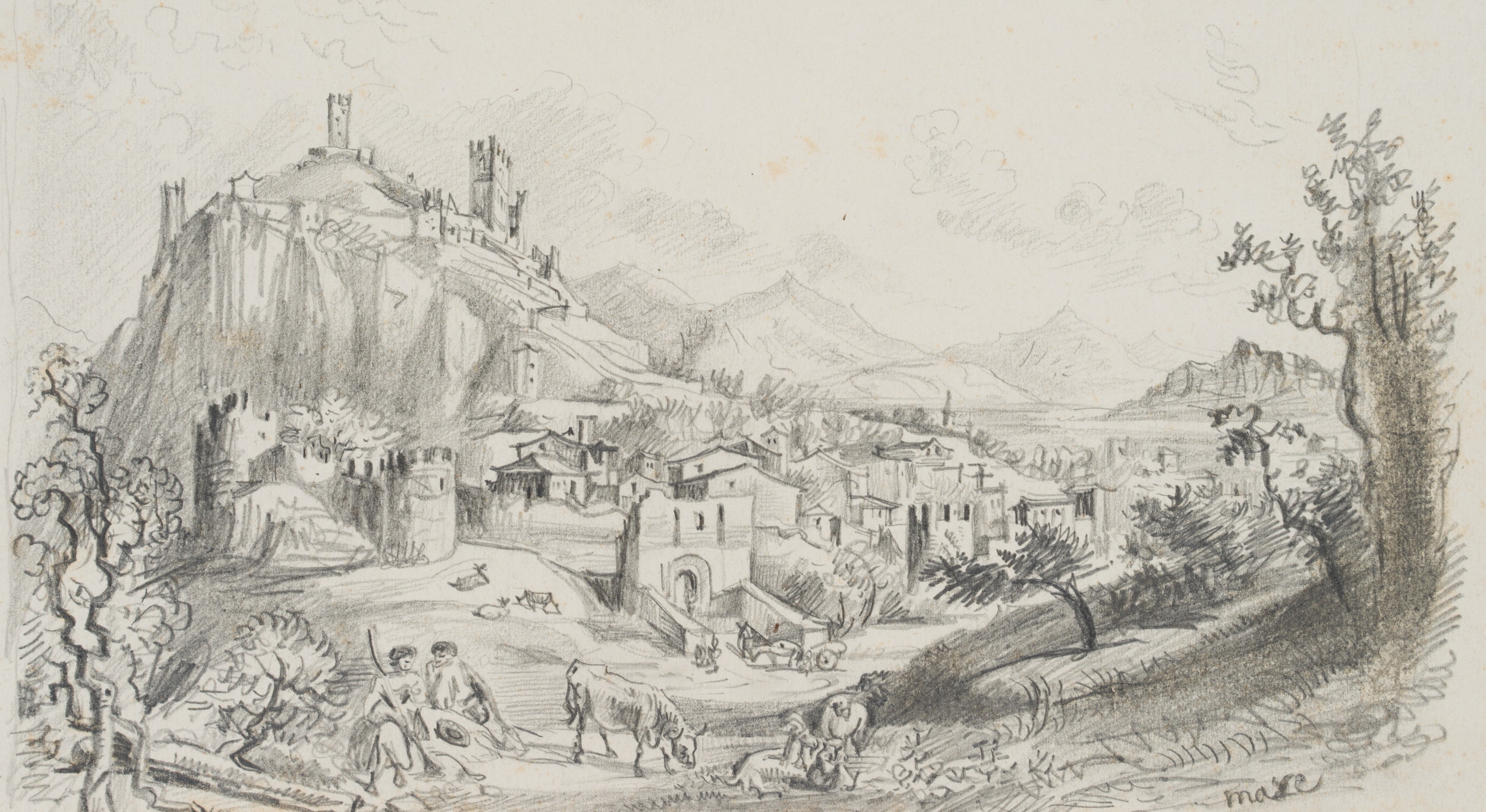 Italienische Stadt vor Gebirgskette