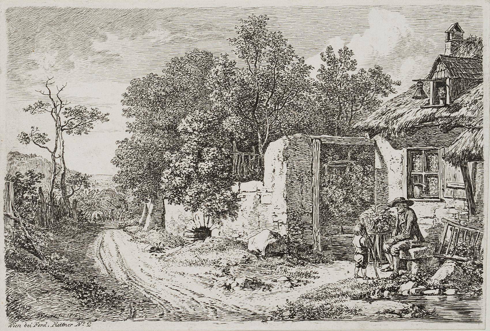 Knabe und Bauer am Gehöft