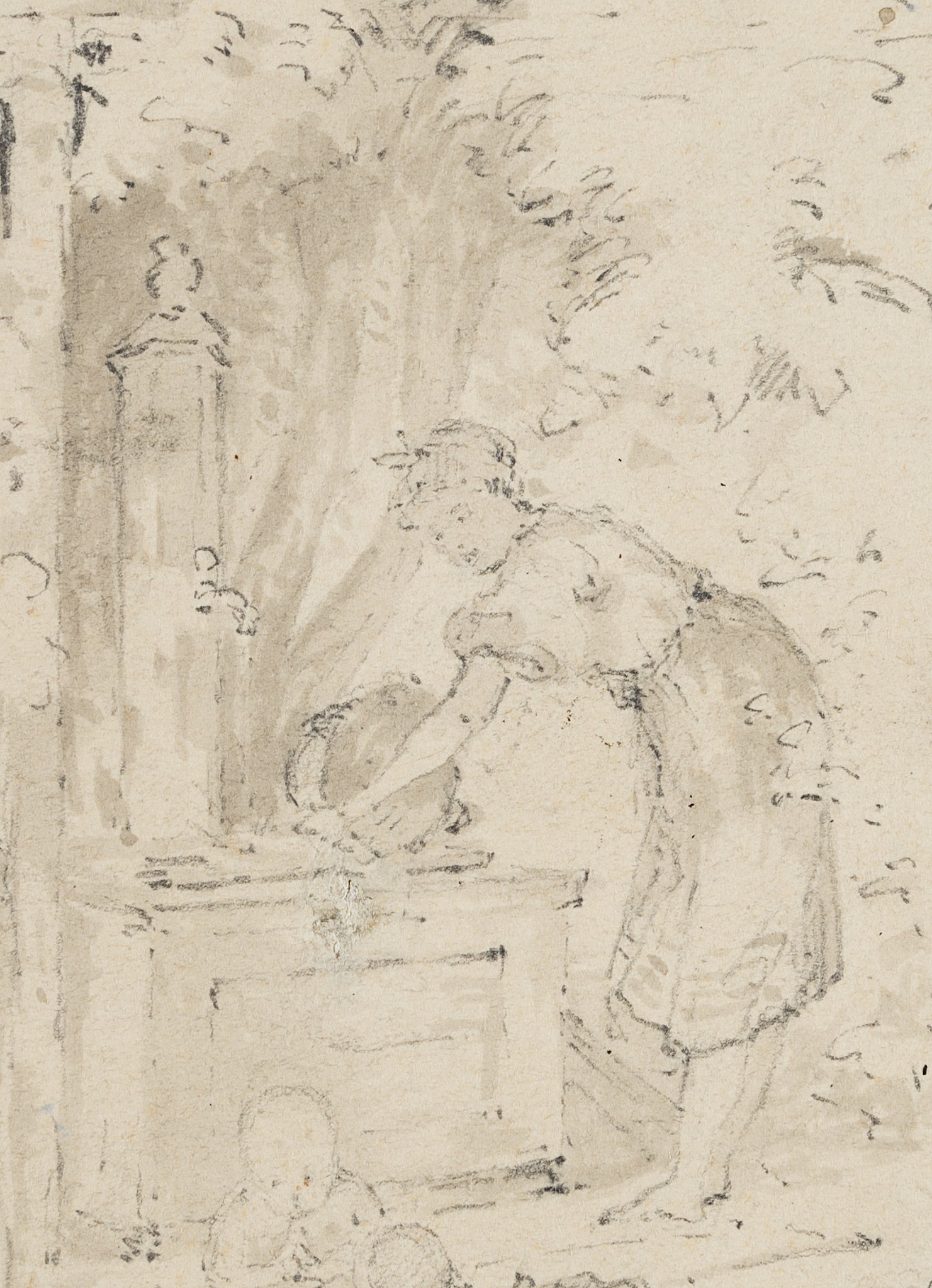 Junge Frau mit Kindern am Brunnen