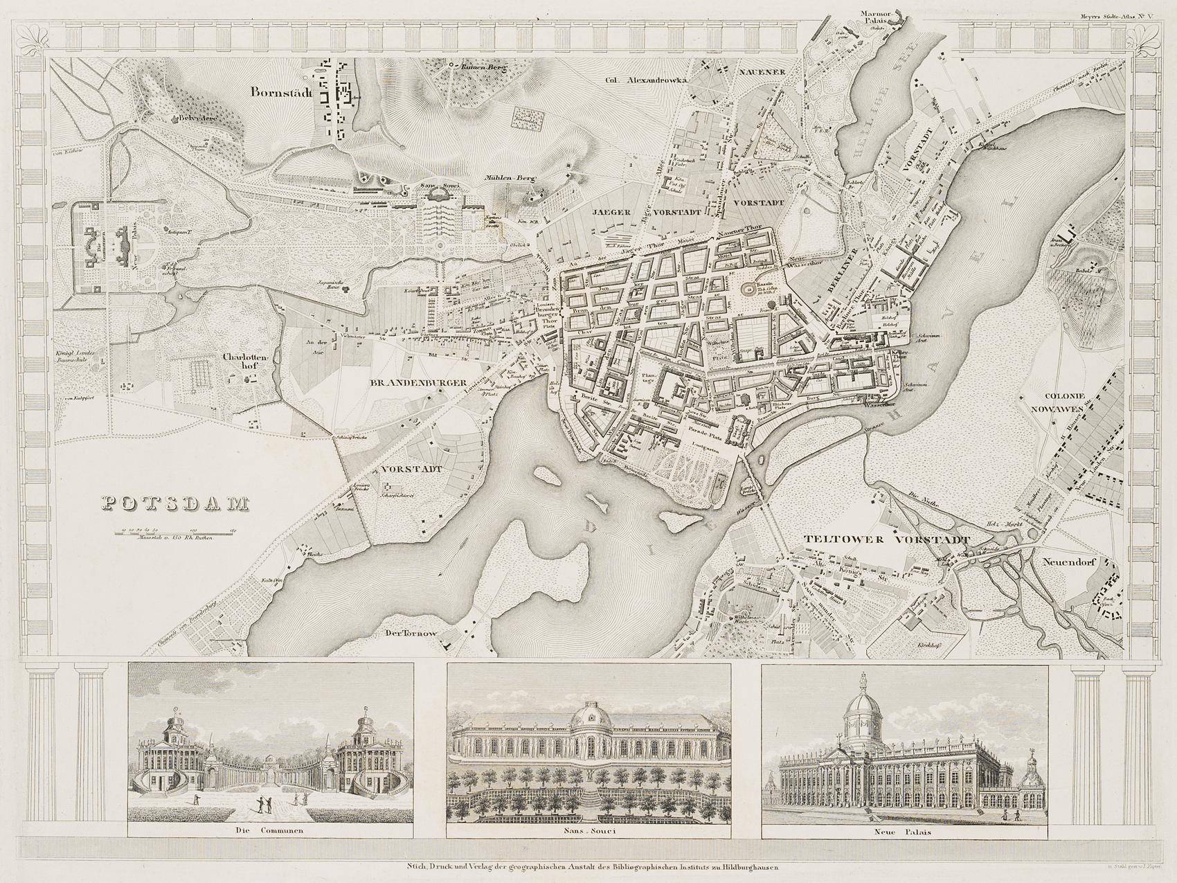 Stadtkarte von Potsdam mit Sehenswürdigkeiten, aus Meyers Städte-Atlas No. 5