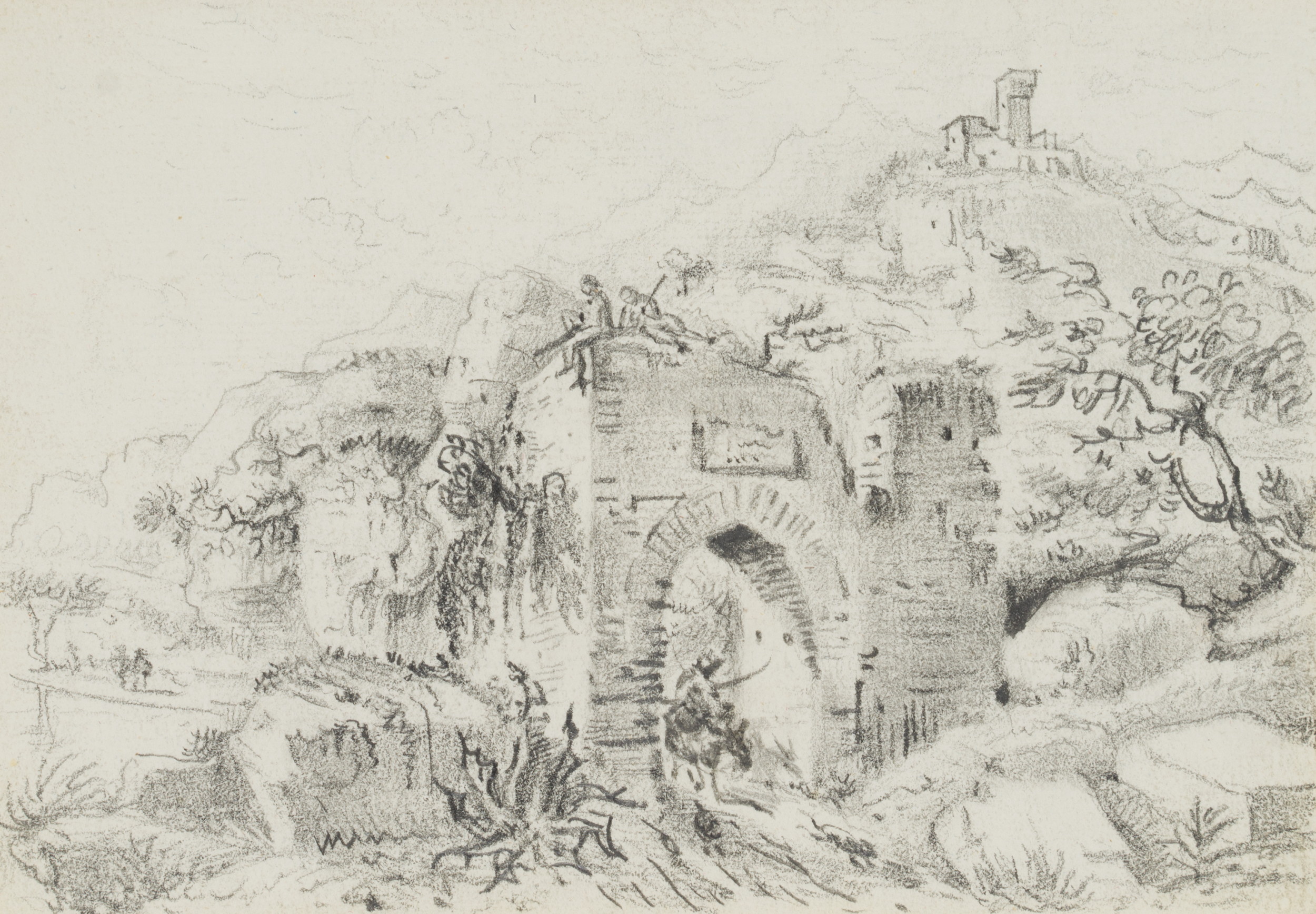 Bergige Landschaft mit Ruine