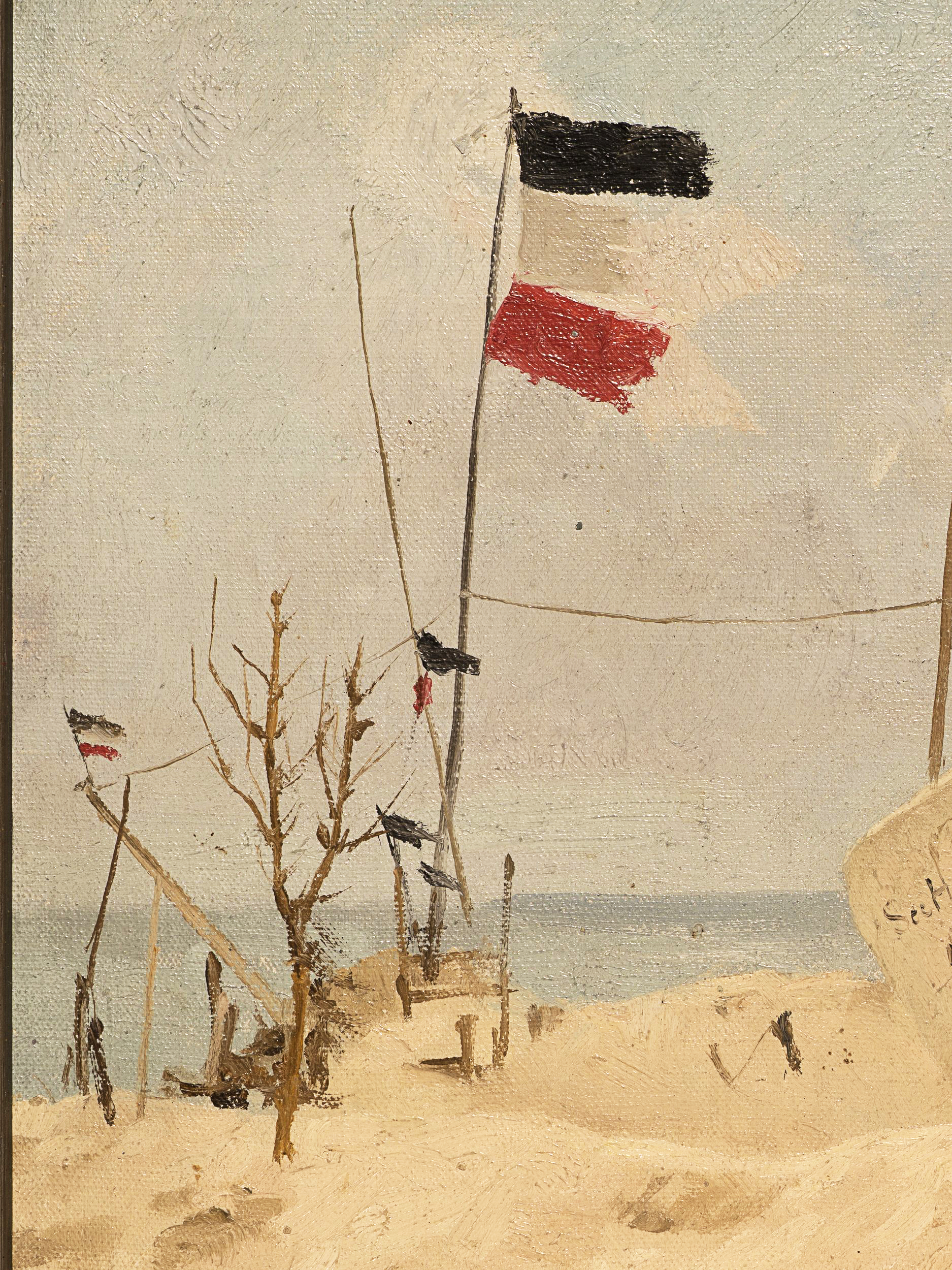 Strandszene mit Kaiserfahnen an der Nordsee
