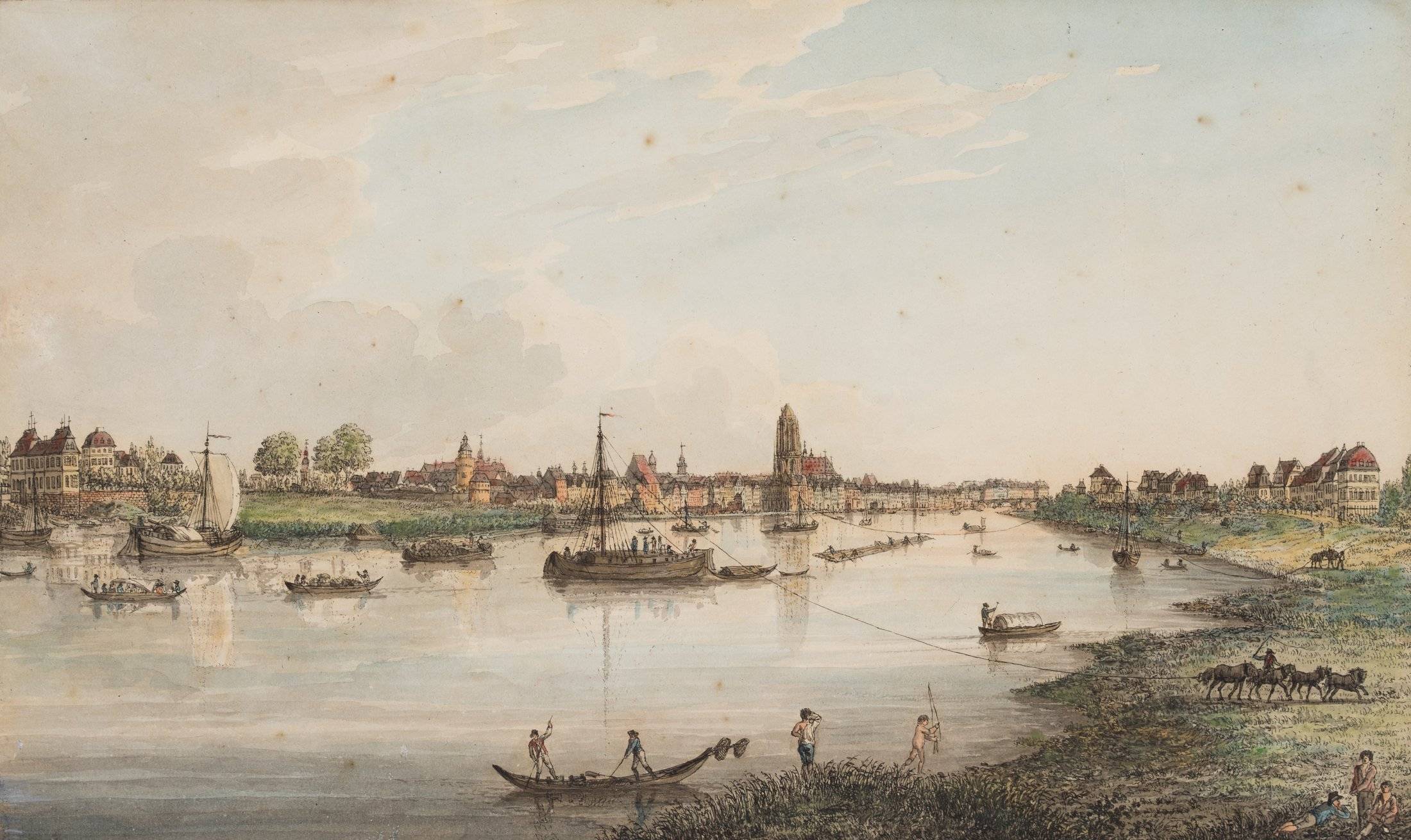 Ansicht von Frankfurt am Main mit Treidelschiffern
