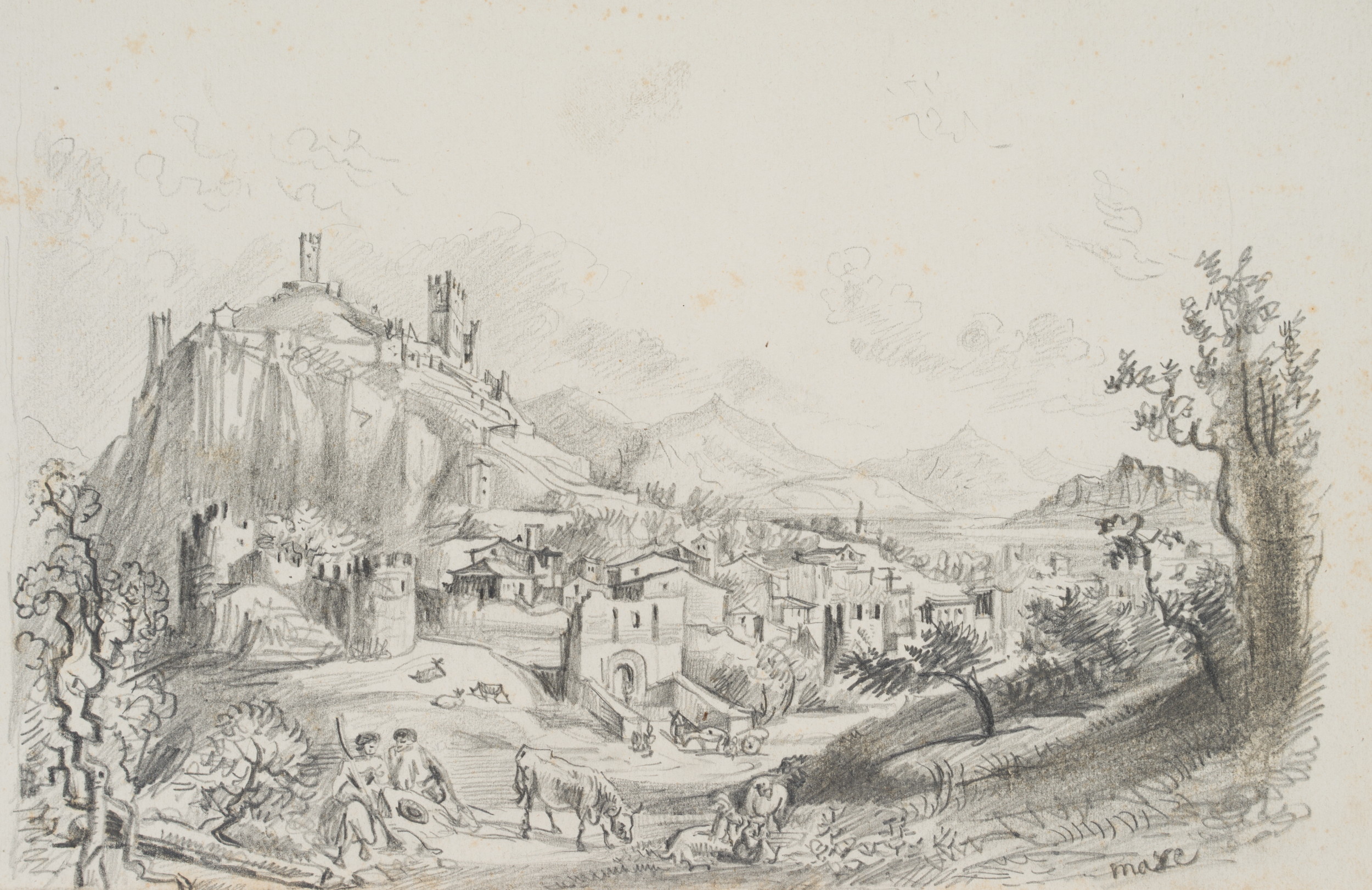 Italienische Stadt vor Gebirgskette