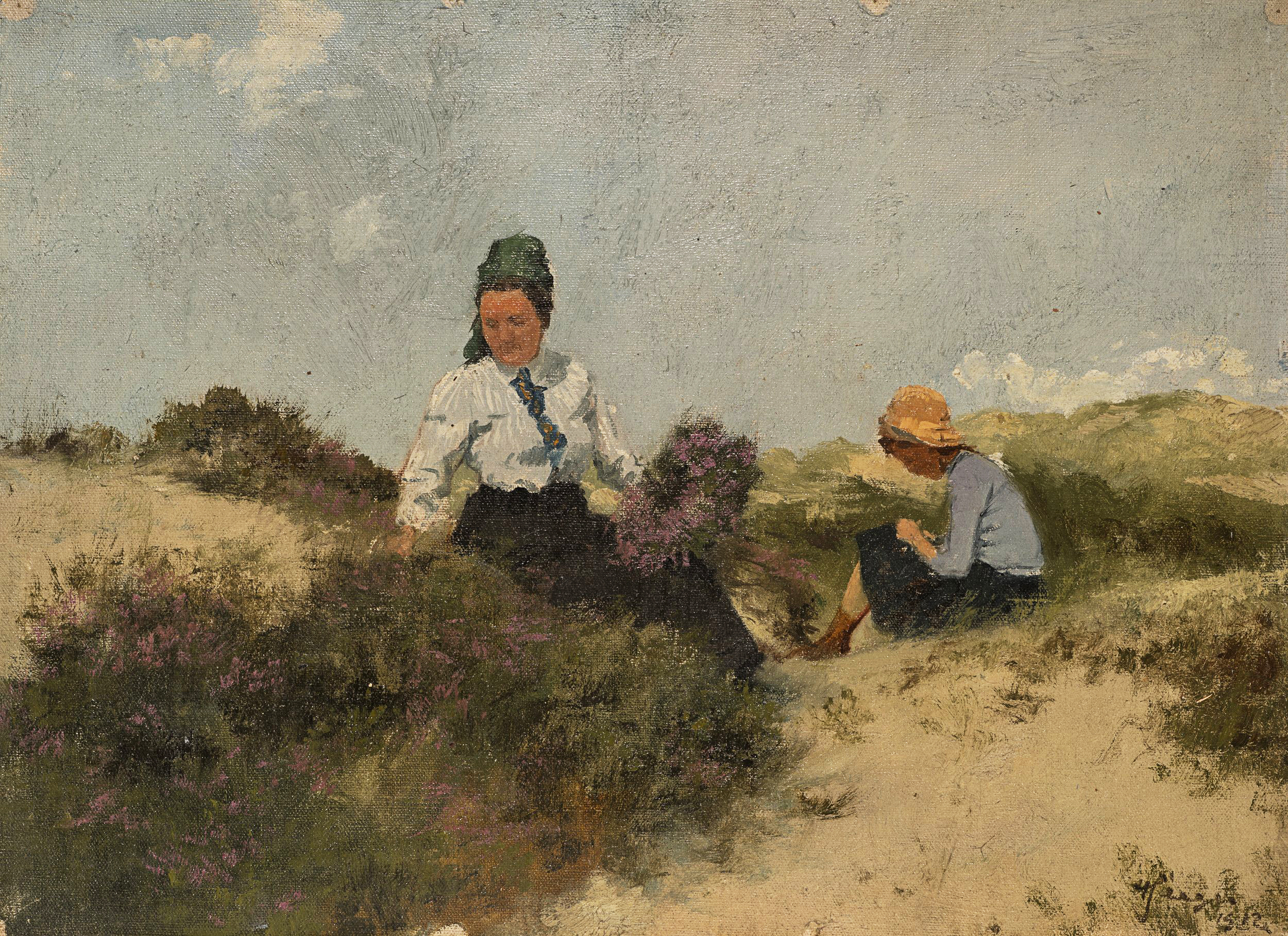 Frauen beim Heidekrautsammeln in den Dünen