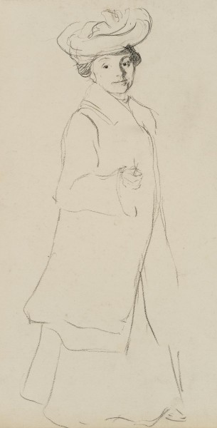 Stehende Frau mit Hut und Mantel