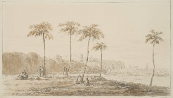 Blick über den Nil nach Kairo mit Palmen