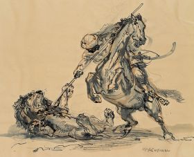Orientale zu Pferd streckt einen Löwen nieder