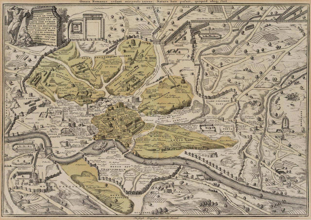 Stadtplan des antiken Rom mit seinen sieben Hügeln